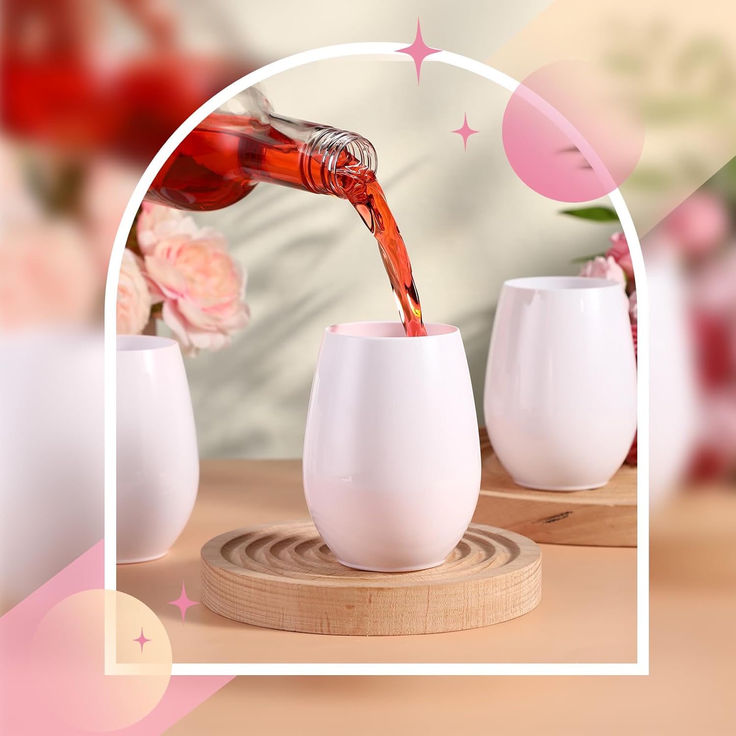 Layhit 32 Pcs White Stemless Wine Glasses Plastic Reusable Unbreakable Whiskey Champagne Drinking Glasses Cups for Wedding Anniversary Mother's Day Birthday Party(10 Oz)