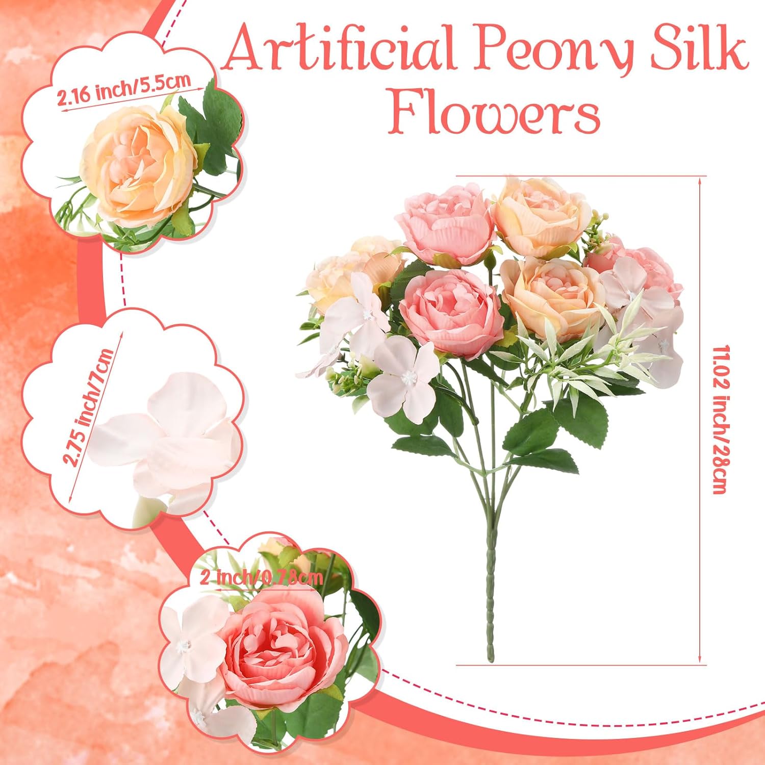 Geosar 8 Bundles Artificial Peonies Flowers Fake Silk Peony Bouquet Faux Peonies Flowers Bulk for Decoration Vase Floral Arrangements Wedding Party Table (Pink,Yellow) - Image 2