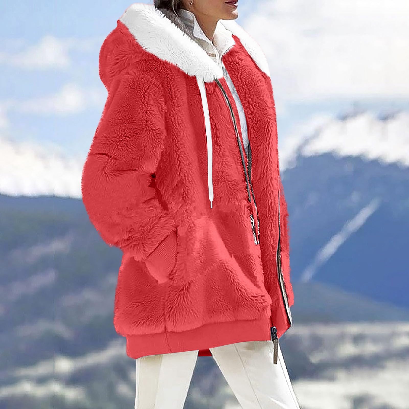 Generisch Fleecejacke Damen Mit Kapuze Winterjacke Damen Warm Teddyjacke