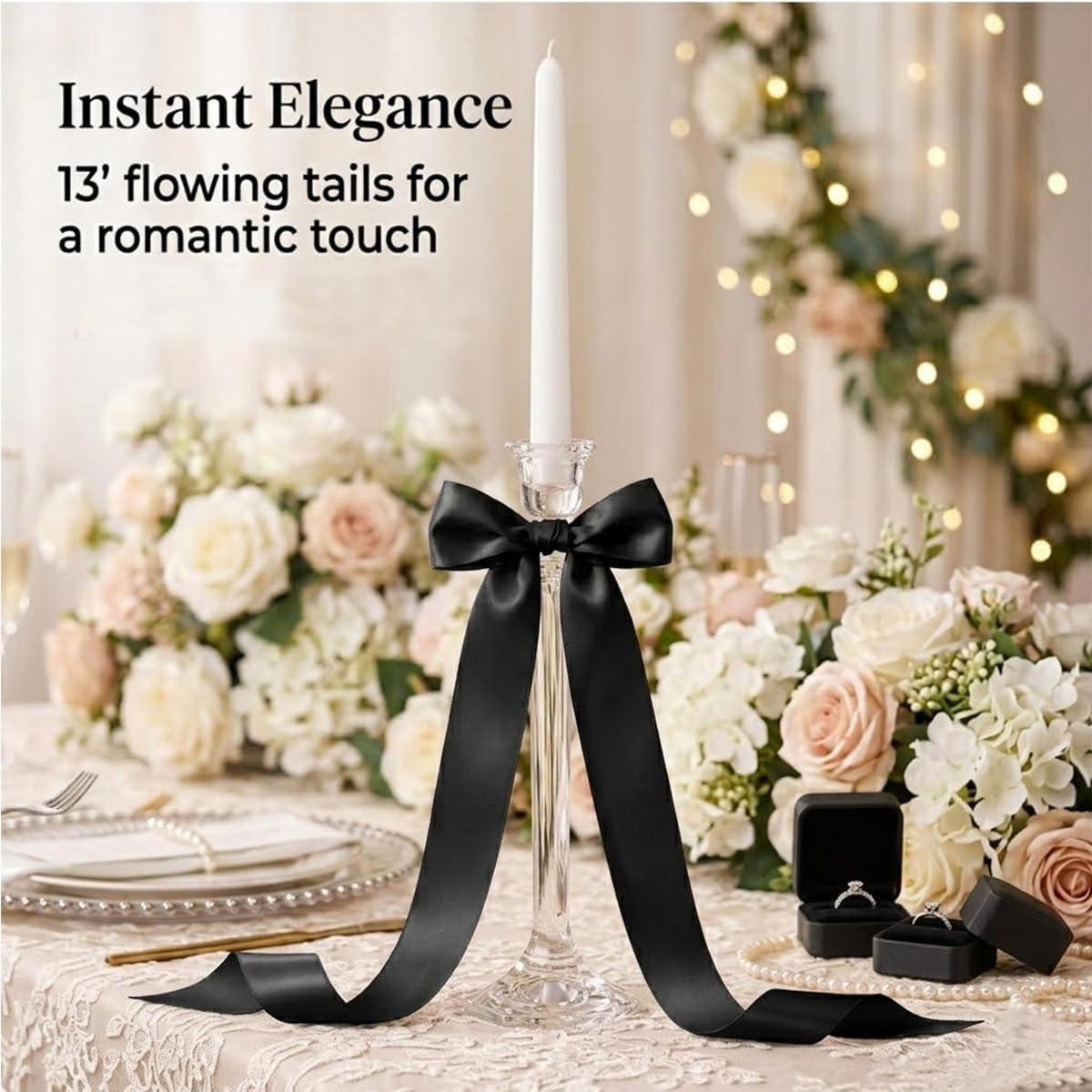 Black Bows Decor for Candlesticks, 10 Pcs Long Tail Fabric Ribbon Bows for Candle Holder Decor, Black Bow Decorations for Wedding Table Centerpieces, Home, Party and Holiday Styling