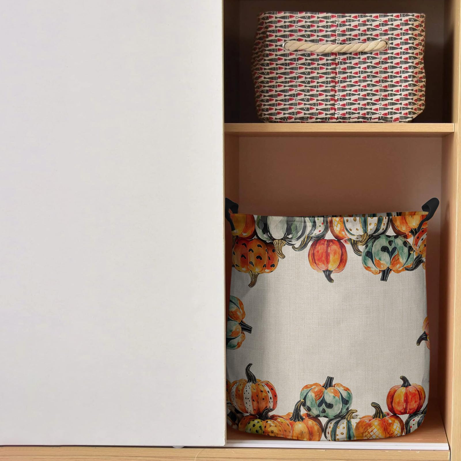 Collapsible Laundry Basket Watercolor Pumpkin Laundry Hamper with Handles Orange Storage Basket for Clothes Toys Bedroom Nursery Bathroom 16.5x17in