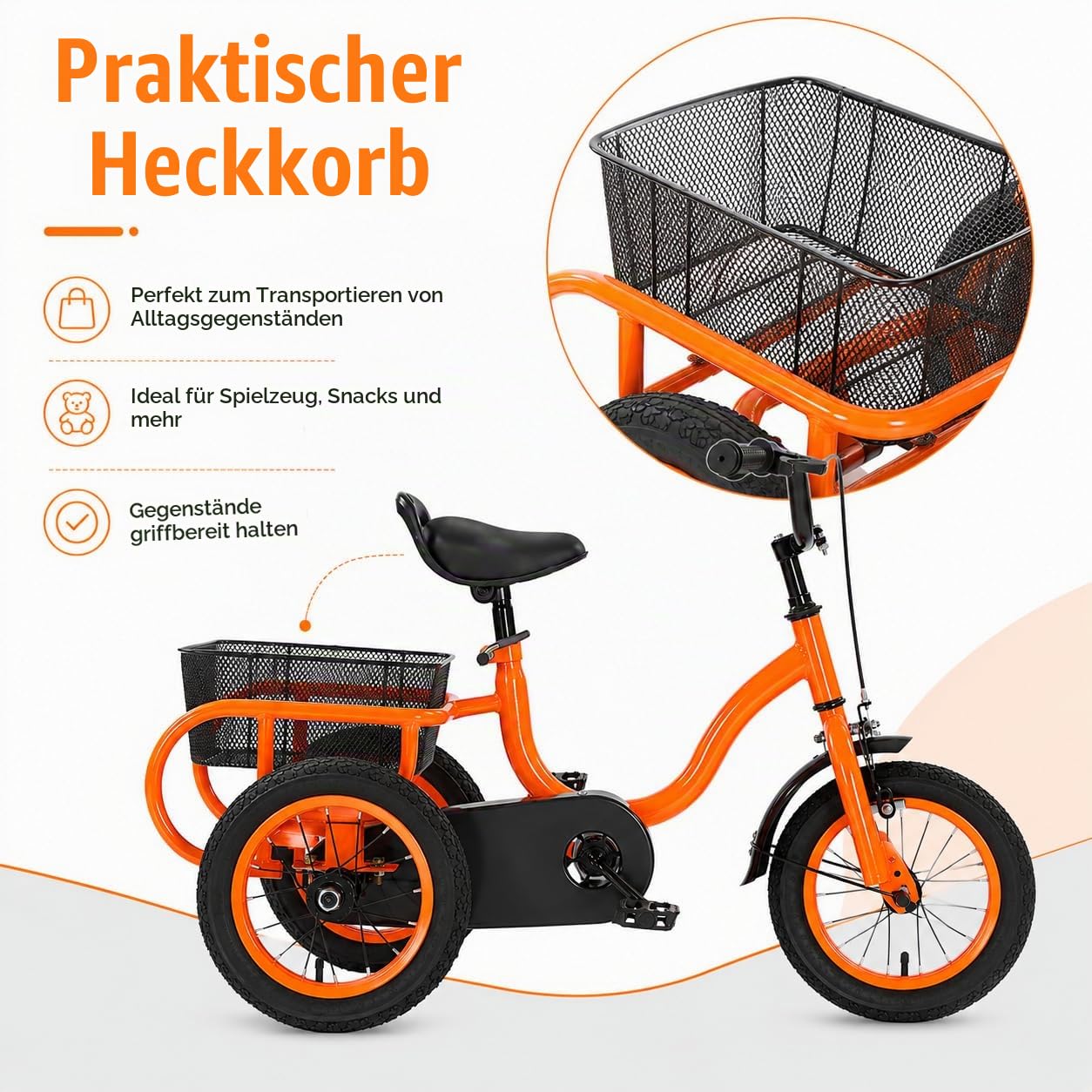 Kinderdreirad in 12 Zoll, Kinderfahrrad mit Eingang-Getriebe, Dreirad belastbar bis 25 kg, Kinderroller mit rutschfesten Pedalen, stabiles Dreiradgestell, für Kinder, Kleinkinder (orange)