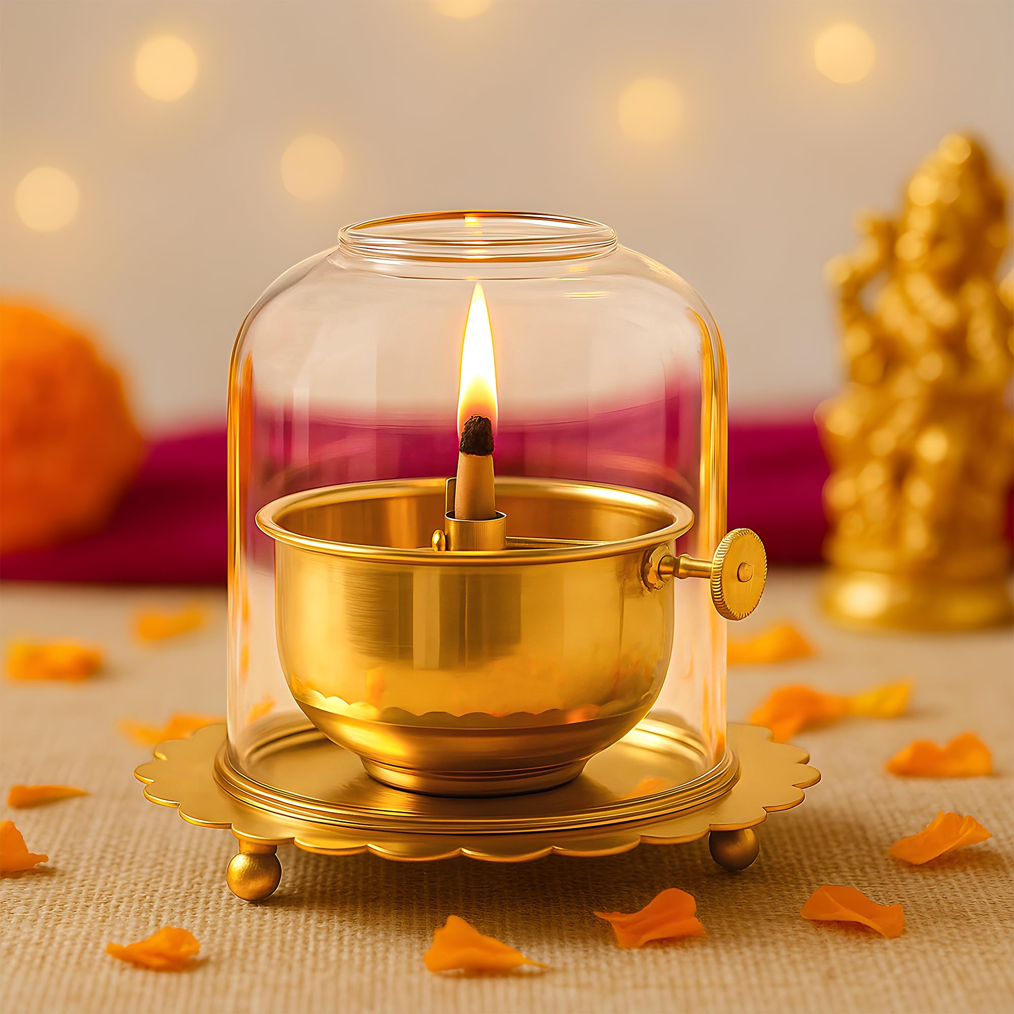 Kuber Industries Brass Akhand Jyoti Diya Oil Lamp with Adjustable Bati Knob | Lifting Screw Wick Holder & Borosilicate Glass Cover | Large Size, 150 ml Oil Capacity, Stay Lit for 48 Hours | Golden-picture-10