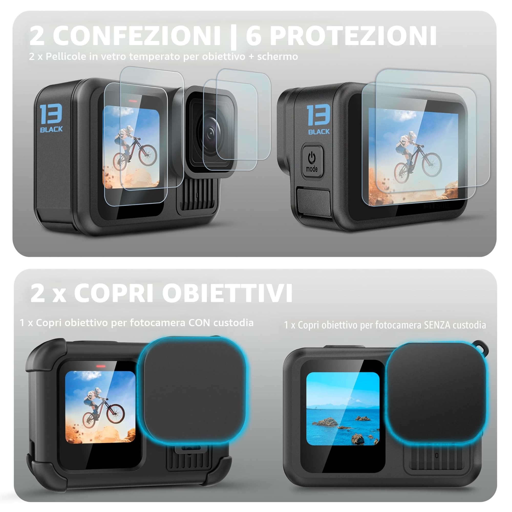 FitStill Set Protezione Go Pro Hero 13 Nero Poliuretano Silicone Coperchio Batteria Pellicola Copriobiettivo Cordino