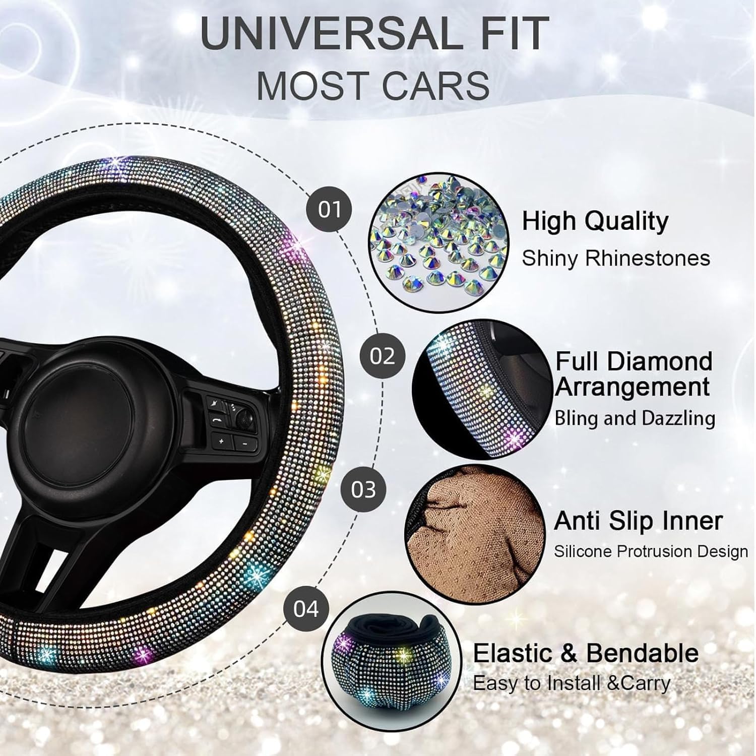 30 Pcs Bling Car Interior Decoration Accessories Set for Women, Steering Wheel Cover, Bling Console Cover, Seat Belt Cushion, Shift Knob Cushion, Cup Coaster, Seat Back Hooks (AB Model)