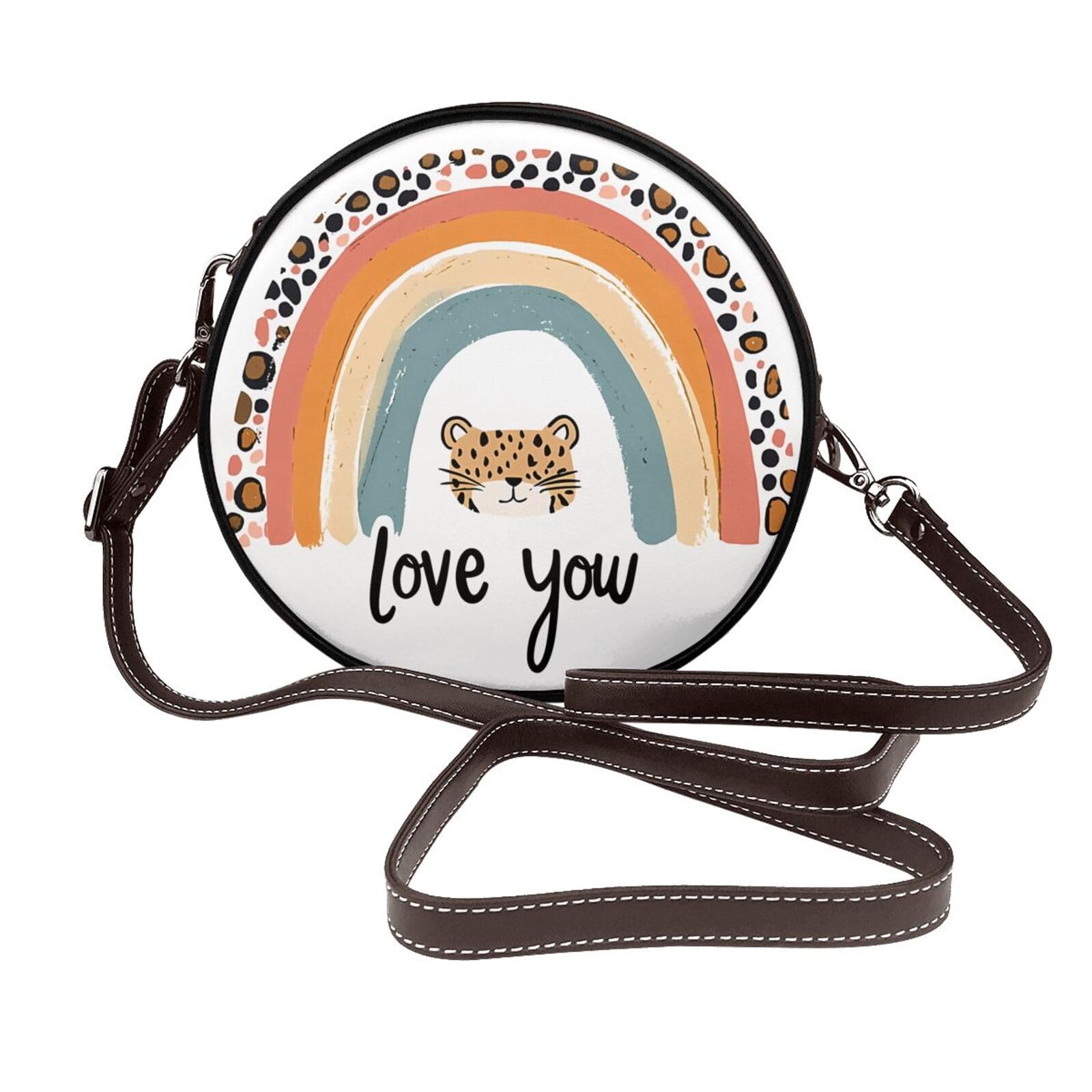 Sac rond cuir végétalien Leopard Rainbow de haute qualité avec sangle ajustable