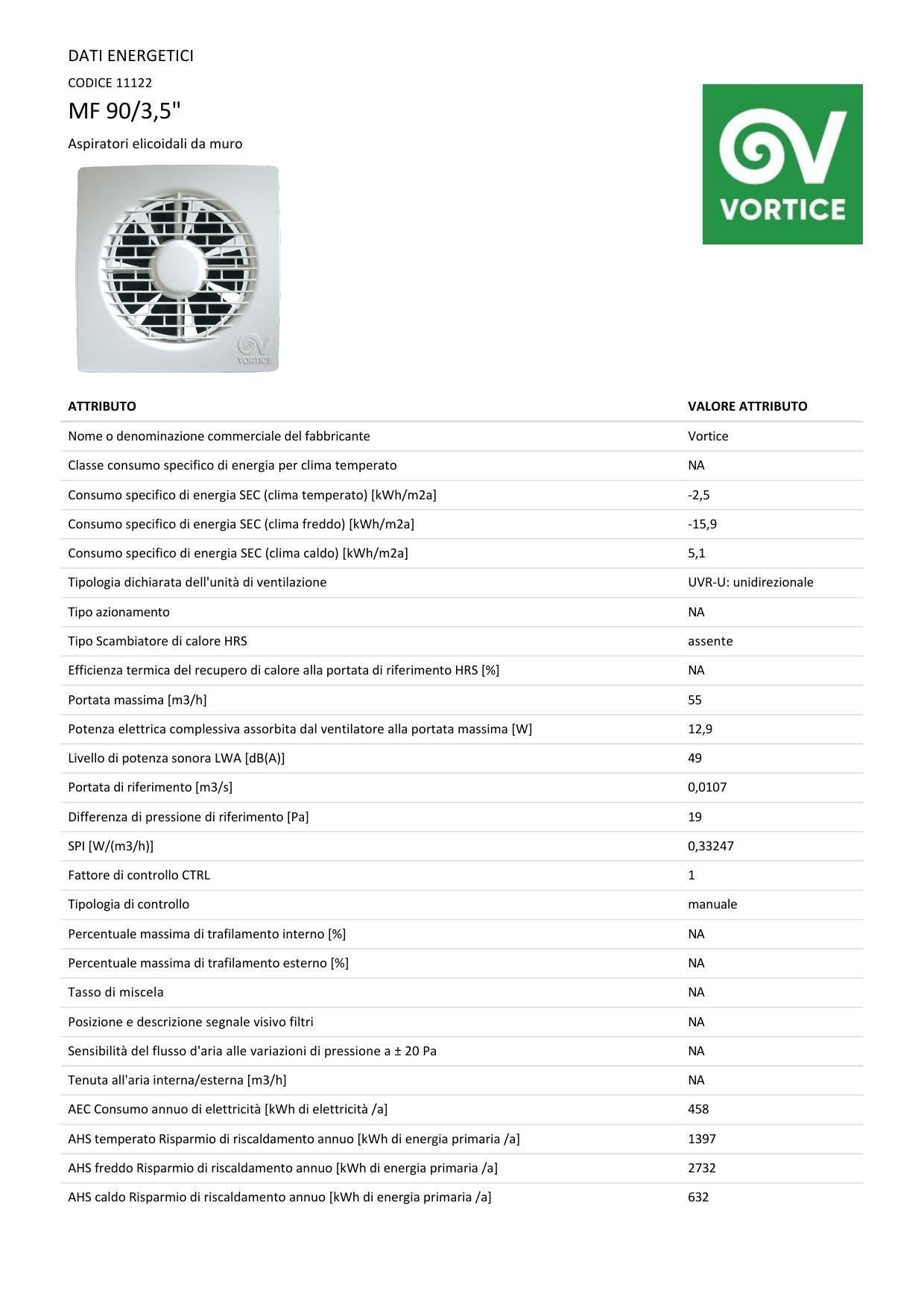 VORTICE MF 90/3,5" - Aspiratore Bagno e Cucina 90mm Punto Filo da Parete, Ventola Aspirazione Elicoidale a Basso Consumo Energetico, Rimuove Muffa e Umidità, Portata Massima 65m3/h - 7,7x15,9x15,9cm