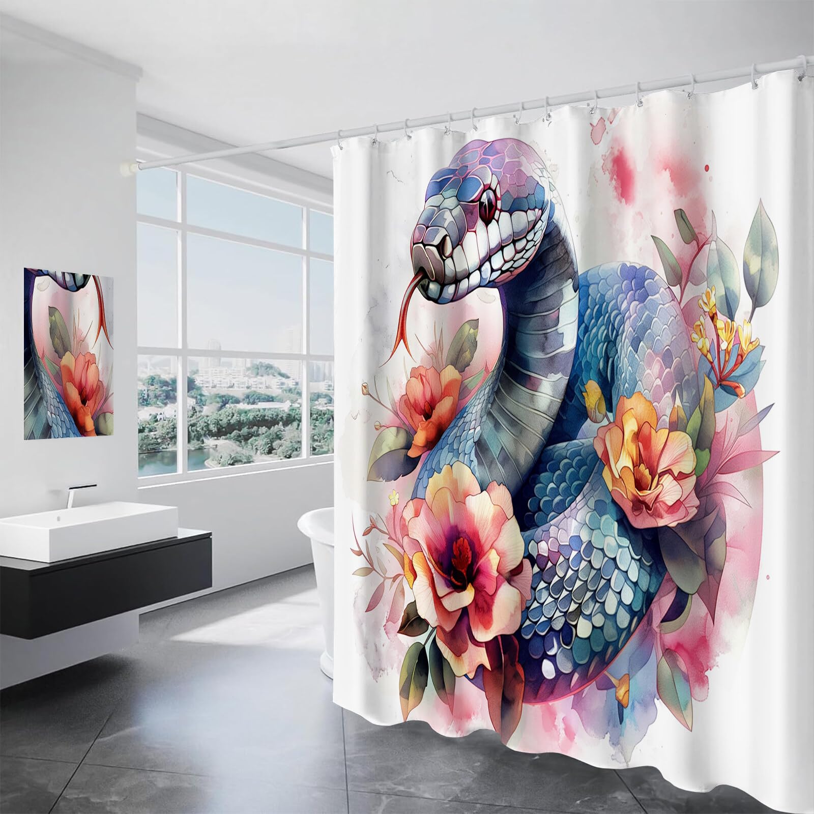 Serpent Fleuri Rideau De Douche, Illustrations À L'Aquarelle Material Resistente Al Agua Durable Estampa Digital, Rose