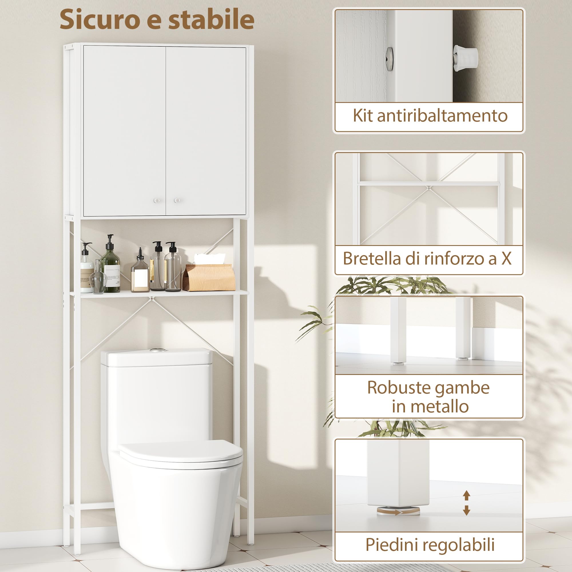 HOMCOM Mobile Bagno Sopra WC con Armadietto e Ripiano Aperto, Mobile Sopra Lavatrice Salvaspazio con Gambe in Metallo, per Bagno e Lavanderia, 64x20x180 cm, Bianco