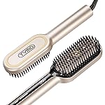 TYMO Hair Straightener Brush - Upgraded Ionic Plus Straightening Brush with Dense Bristles, 16 Temps, Dual Voltage | Ceramic Hot Comb for Women | Flat Iron for Thick Curly Hair, Gold