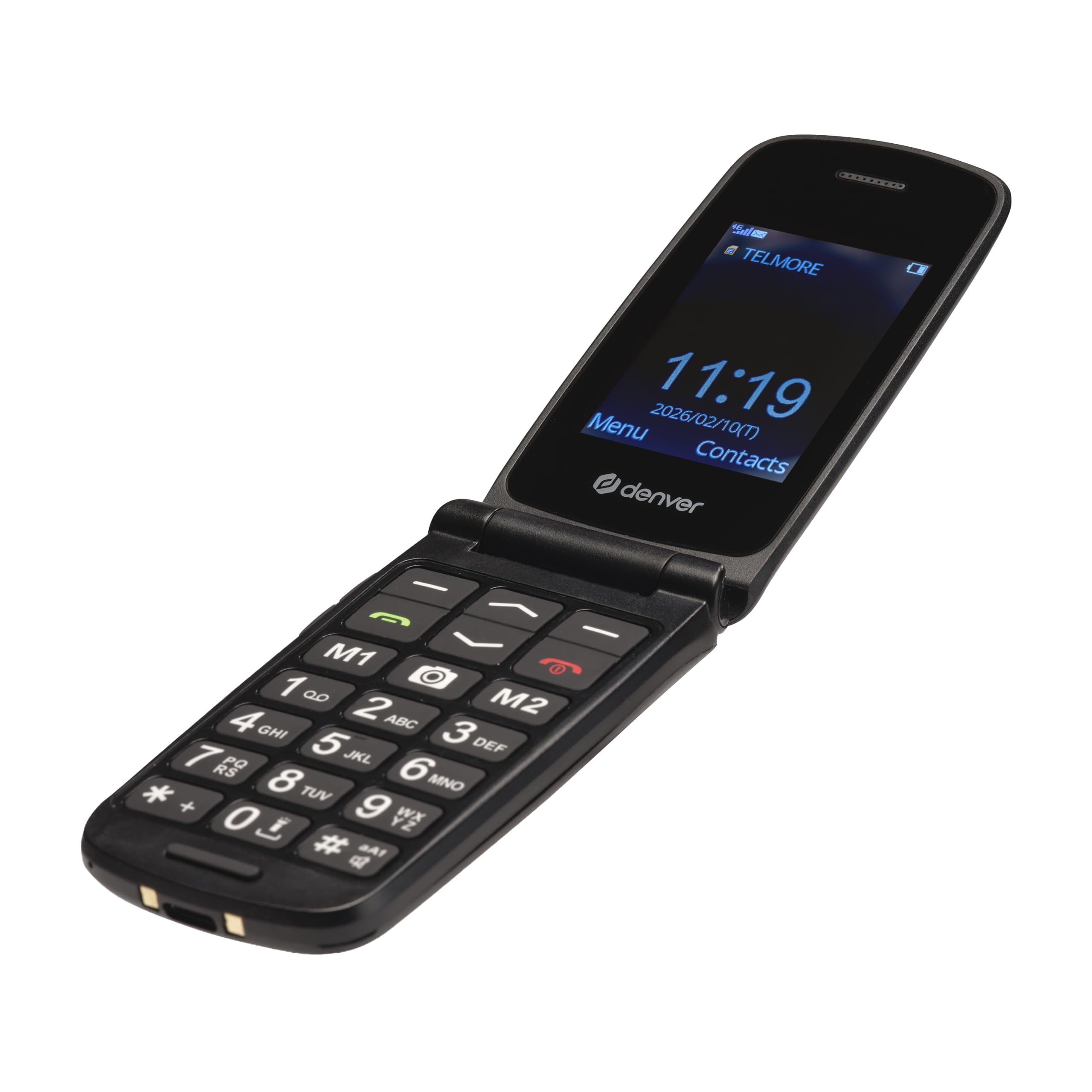Denver BAS-24800L - Teléfono móvil para personas mayores 4G con estación de carga y botón de emergencia SOS, teclas grandes, sin contrato, volta, Bluetooth, radio FM, linterna, IP54, pantalla a color