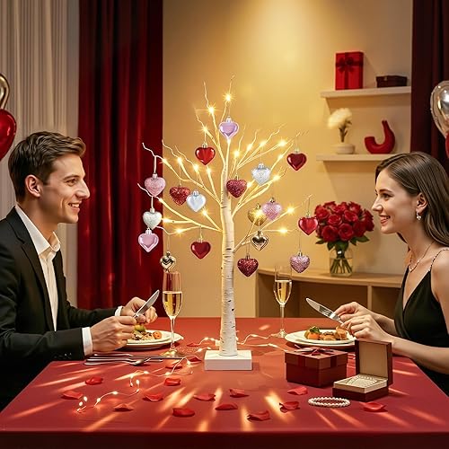 Miniatura 2 de Decoraciones para el día de San Valentín, árbol de abedul de 2 pies con 24 luces LED cálidas, juego de adornos de 18 corazones, decoración de árbol