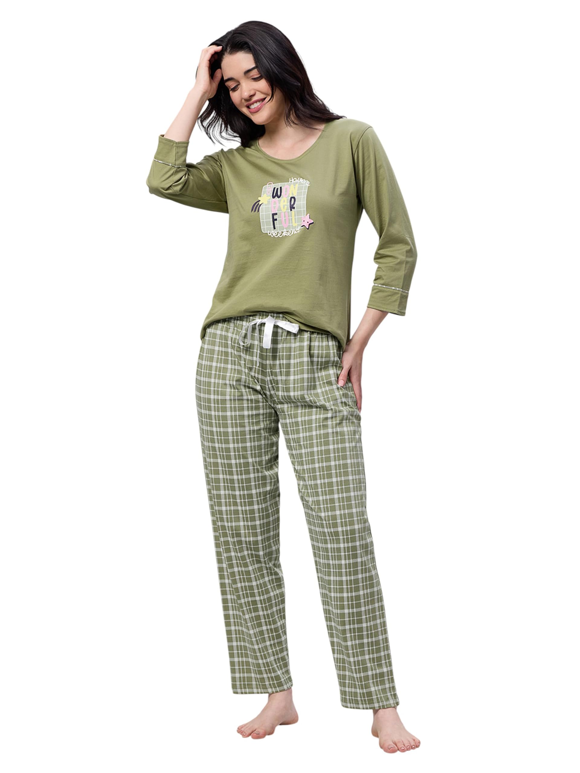 lotik Women's Cotton chex Print Top & Payjama Full Sleeve Nightsuit Set-picture-49