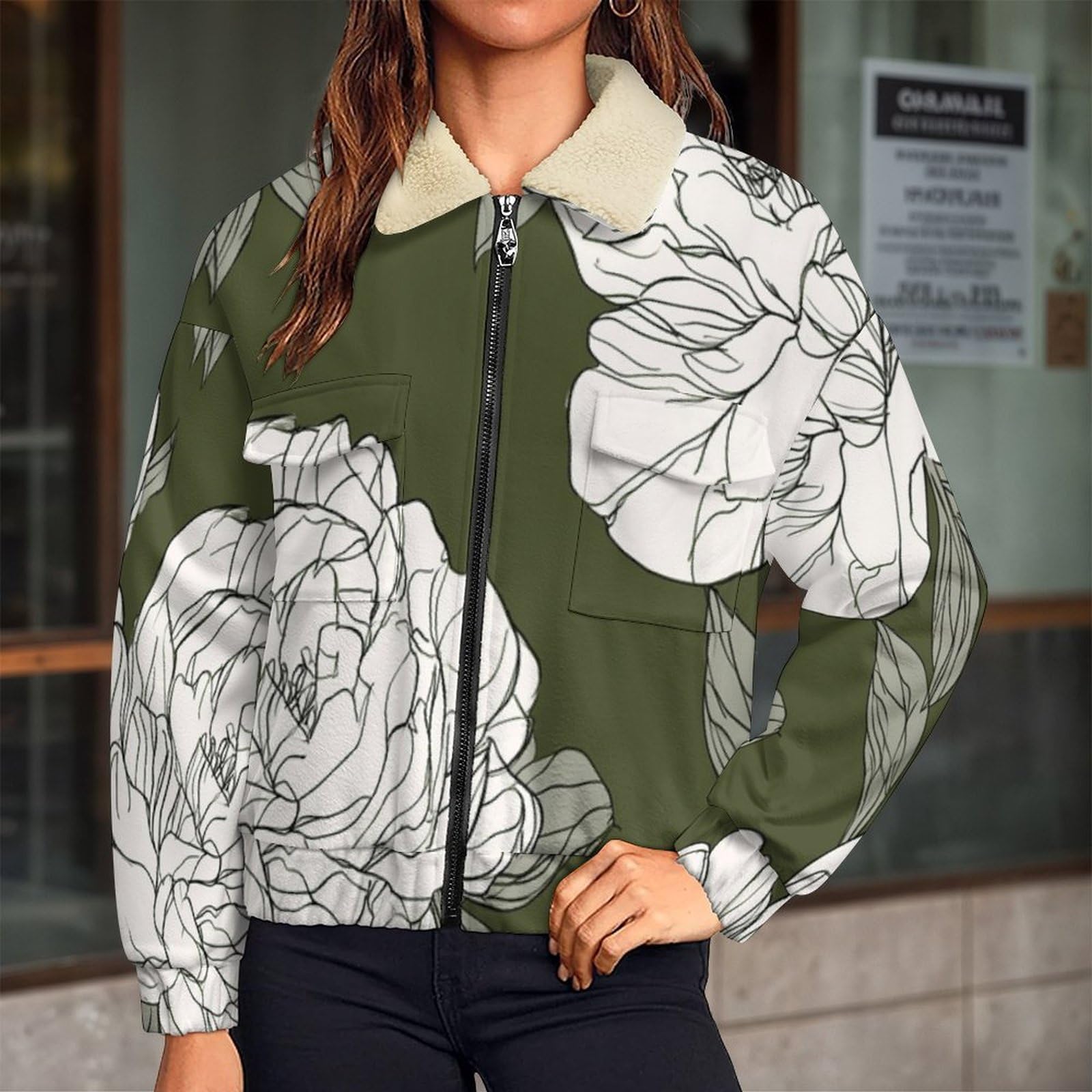 Giacca in Pile da Donna Teddy Fodera Peluche Sherpa con Cerniera, Stampa Rose Peonie, Giacca Linee d'arte Caldo Fleece Maniche Lunghe, Giacche Inverno con Tascabile