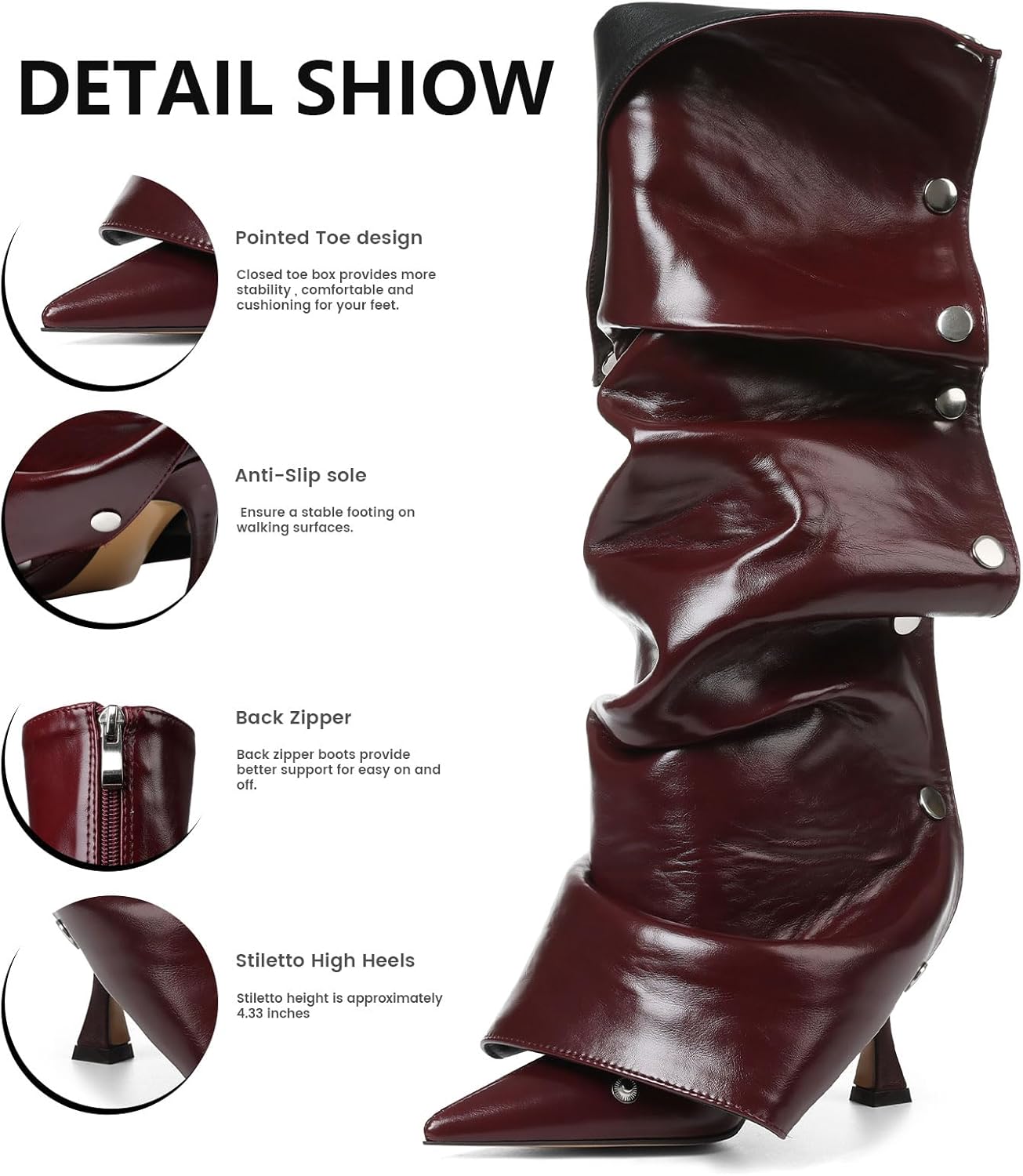 VOMIRA Women's Knee High Boots Stiletto Boots Pointed Toe High Heels Wide Calf Ruched Slouchy Boots Detachable Snap-off Panel Mid Calf Boots Black Boots - Image 5