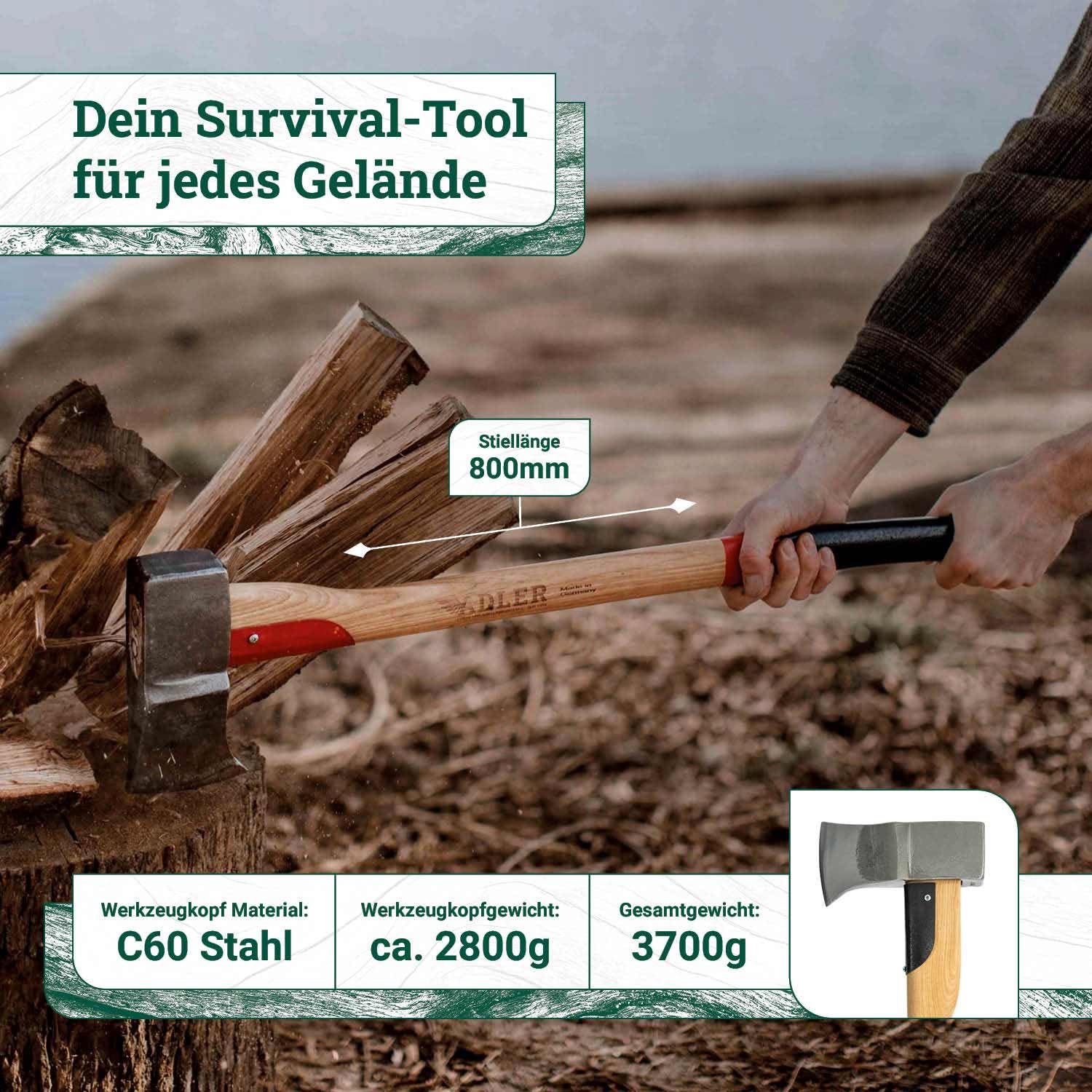 ADLER Spaltaxt inkl. Lederschutz: Geschmiedete Axt zum Holz spalten, Holzaxt mit C60-Stahlkopf & 80 cm Hickory-Stiel, Outdoor- & Forstaxt mit hoher Spaltwirkung, 3-Fach Verkeilung, Rot/schwarz, 2 kg