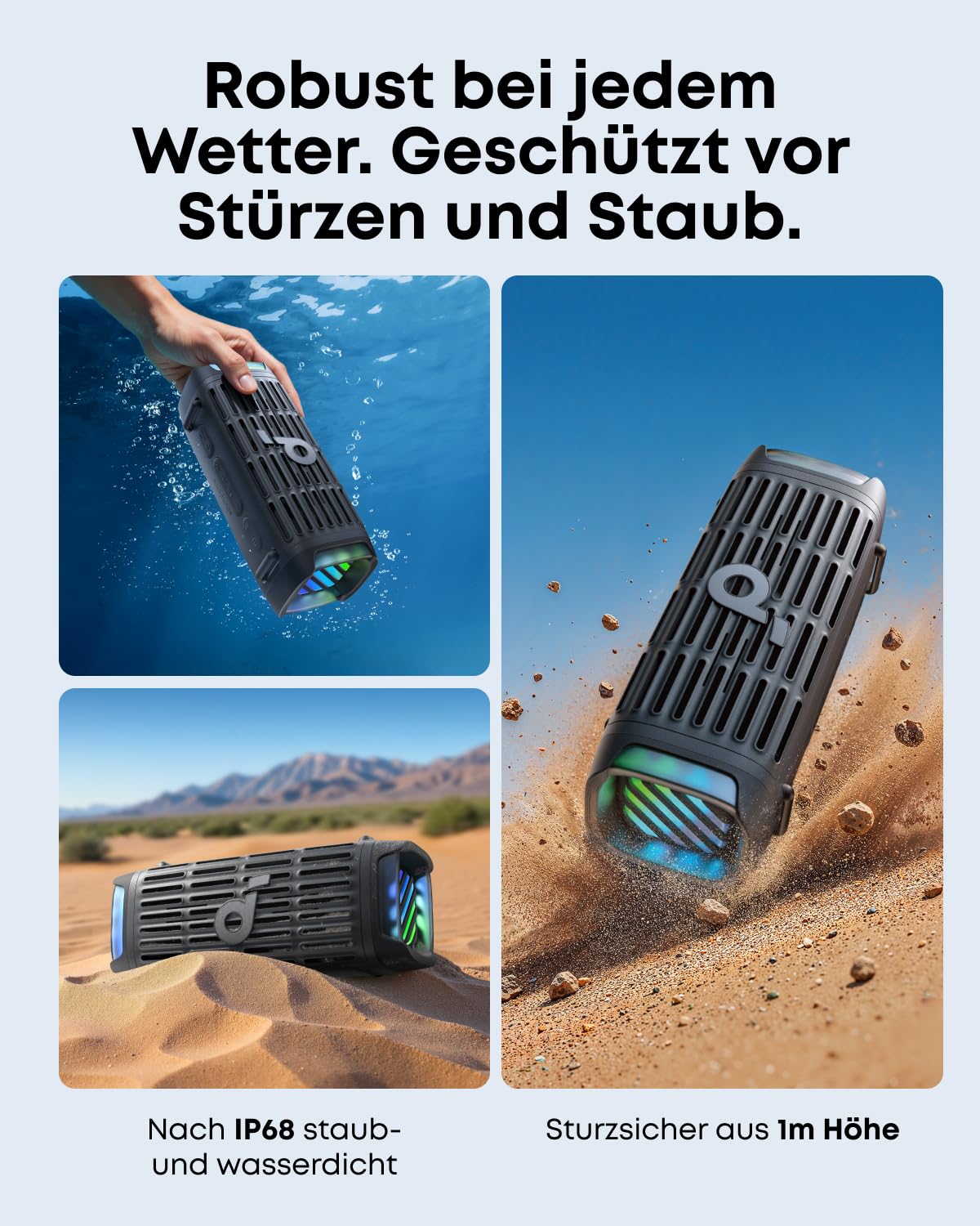 soundcore Boom 3i by Anker – Robuster Outdoor Lautsprecher, Bluetooth Lautsprecher, wasserdicht IP68, 50W BassUp™ 2.0 Sound, Bluetooth 5.3, 16h Spielzeit, Lichtshow + TWS-Stereo, Kayak, Angeln, Campen