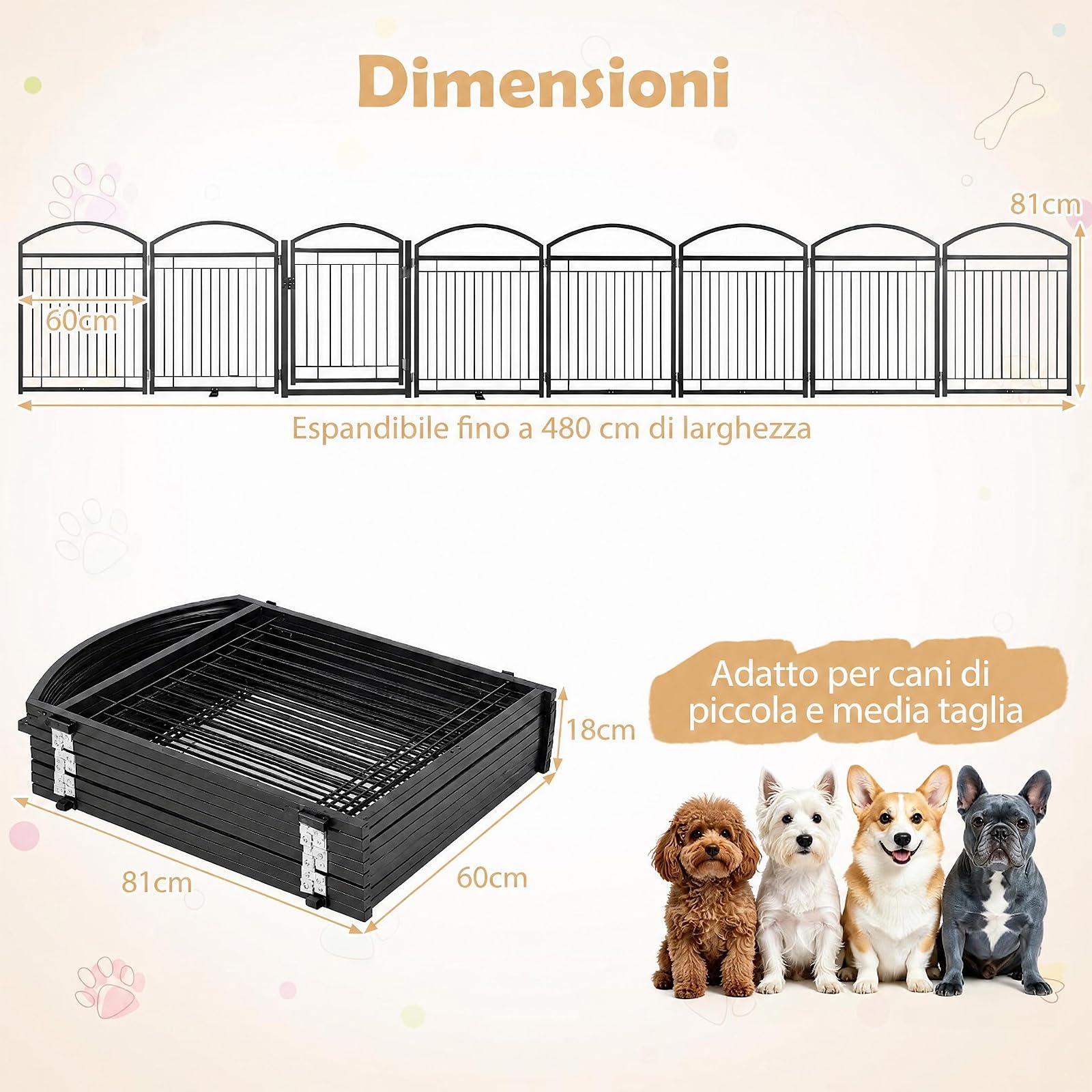 COSTWAY Recinto Pieghevole per Cani a 8 Pannelli, 480 x 81 cm (Nero)