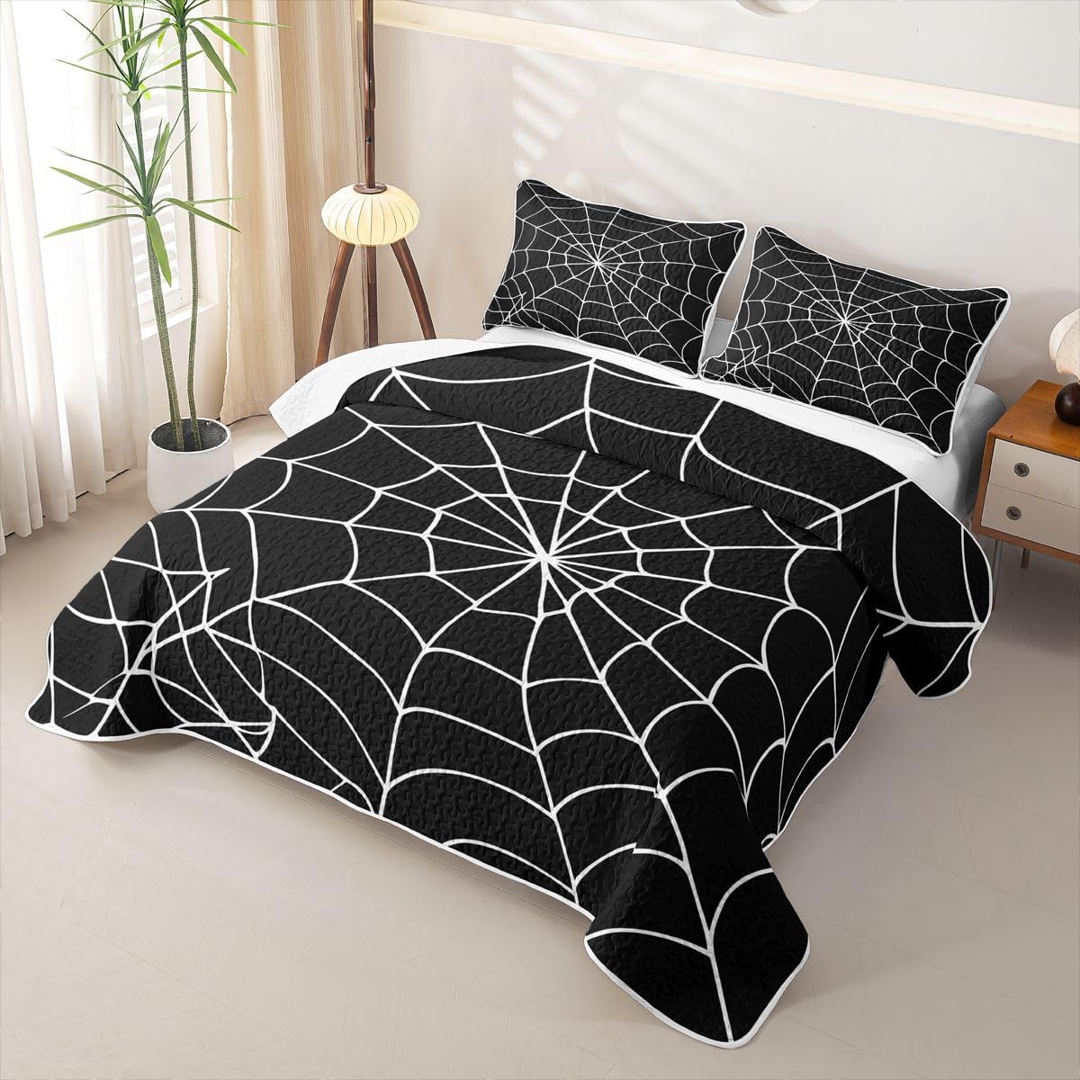 Feelyou Spider Web Quilt Set Queen Size Halloween Decoration Comforter Set for Kids Boys Girls White Spiderweb Bedspreads with 2 Pillowcases Bedding Lightweight
