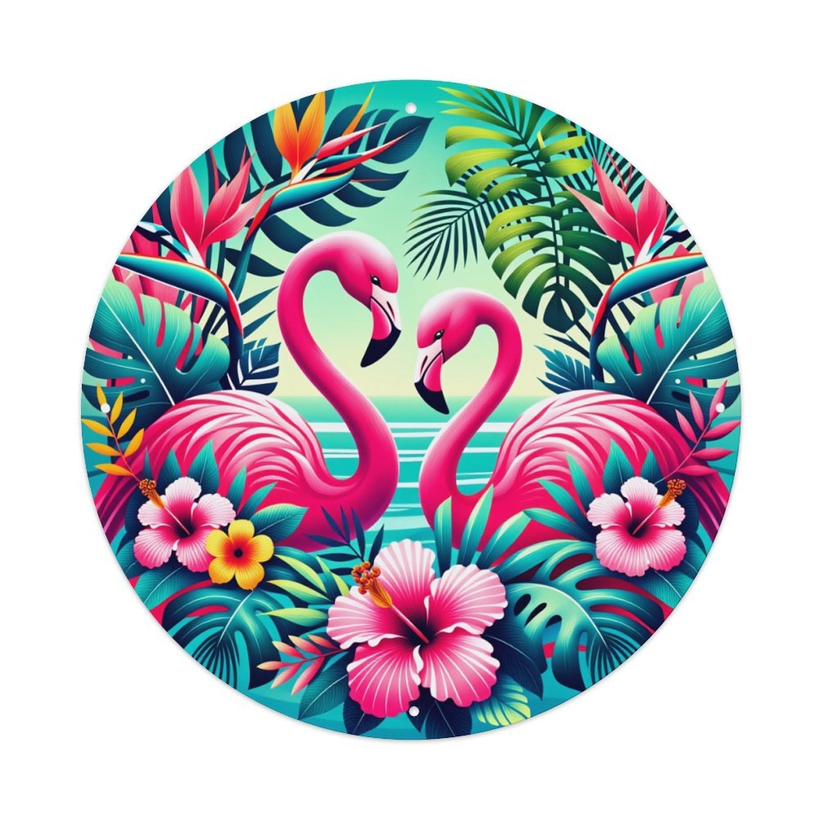 Tropical Flamingo Floral Pattern Print Round Tin Sign Vintage Metal Poster Retro Bar, Home, Man Cave, Kitchen, Laundry Room Wall Art Decor Gift 8x8Inch