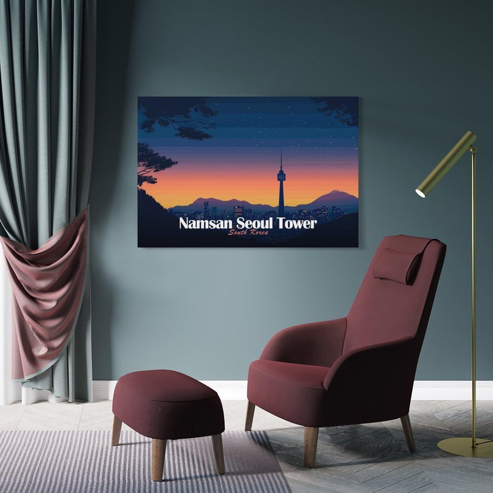 Junmoney Frame-Style-7-1 Canvas Wall Art Namsan Seoul Tower At Sunset, 24X36inch(60X90cm), For Lounge, Study, Hallway Or Flat Walls, Canvas Wall Art That Fits Changing Layouts