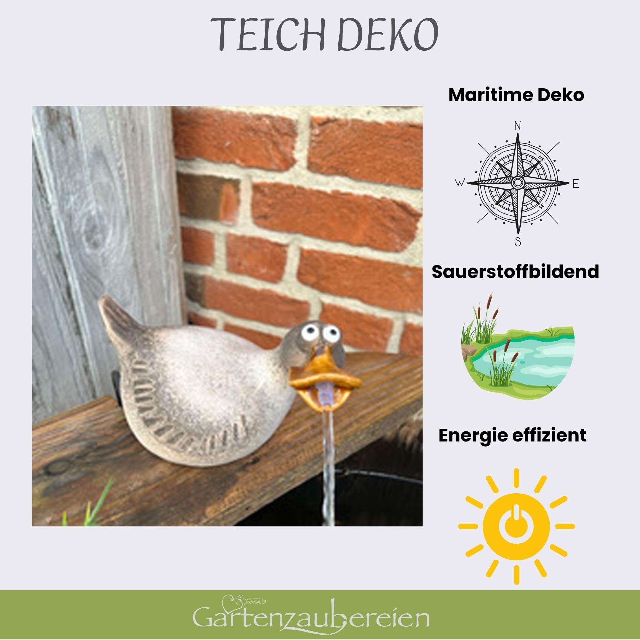 Storm's Gartenzaubereien Solar Wasserspeier Ente - Keramikfigur für Teiche und Miniteiche - 17cm x 12cm - Handbemalt, Wetterfest - für Gartendeko und Balkon