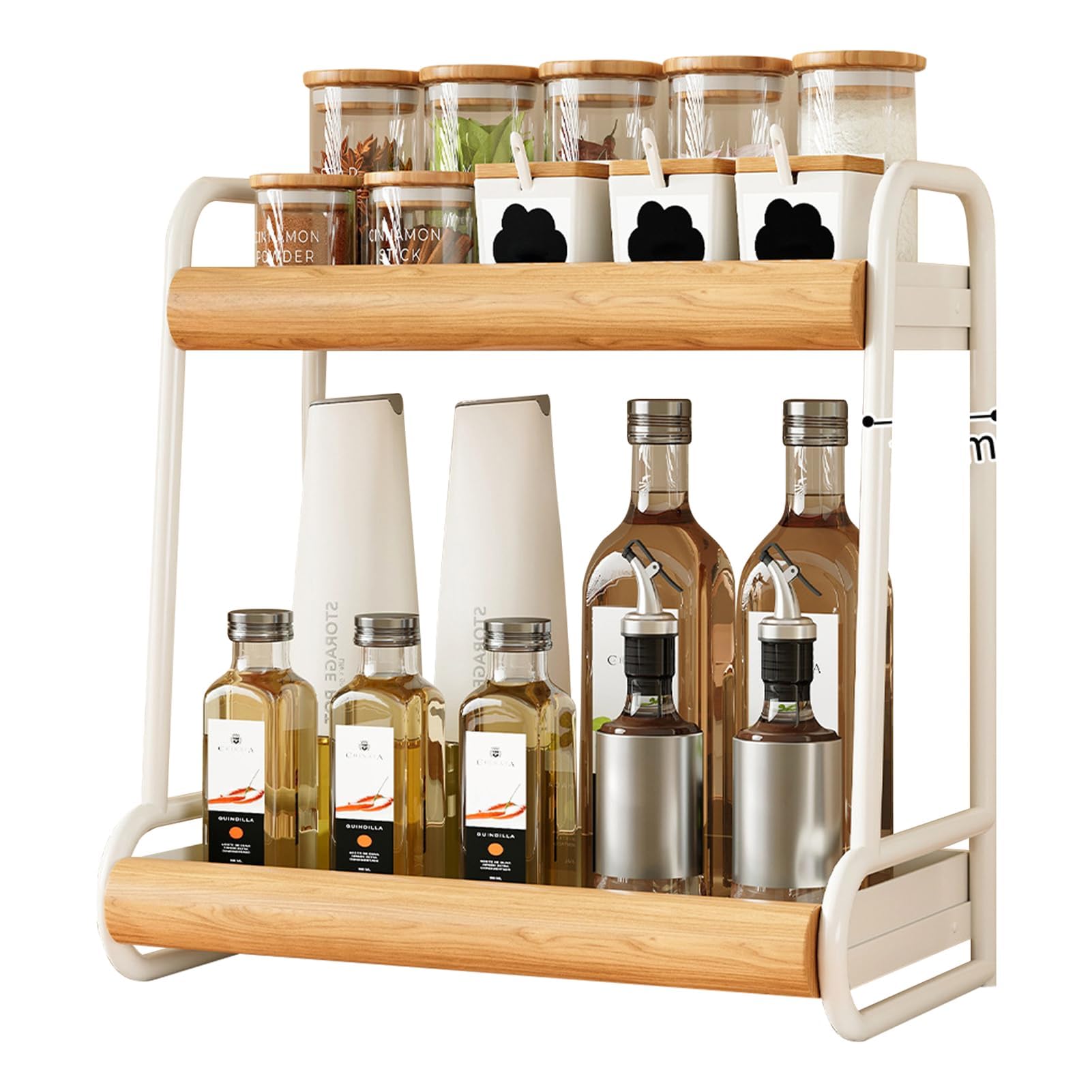Gnathichome Beige-A 2 Tier Wooden Spice Rack Metal Frame Countertop Seasoning Organiser Kitchen Condiment Storage Shelf (,50 * 43Cm)