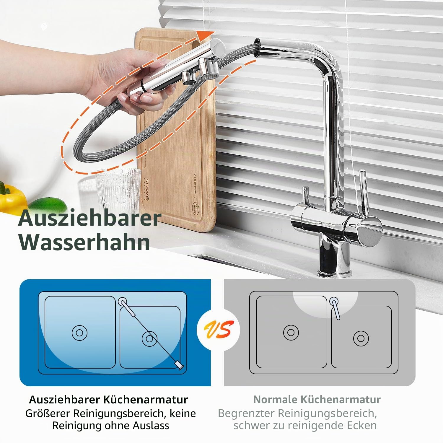 3-Wege-Küchenarmatur, 360° drehbarer Wasserhahn, Mischbatterie für Spüle mit flexiblem Auslauf, Wasserhahn für Küchenspüle für kaltes und warmes Wasser und Filter