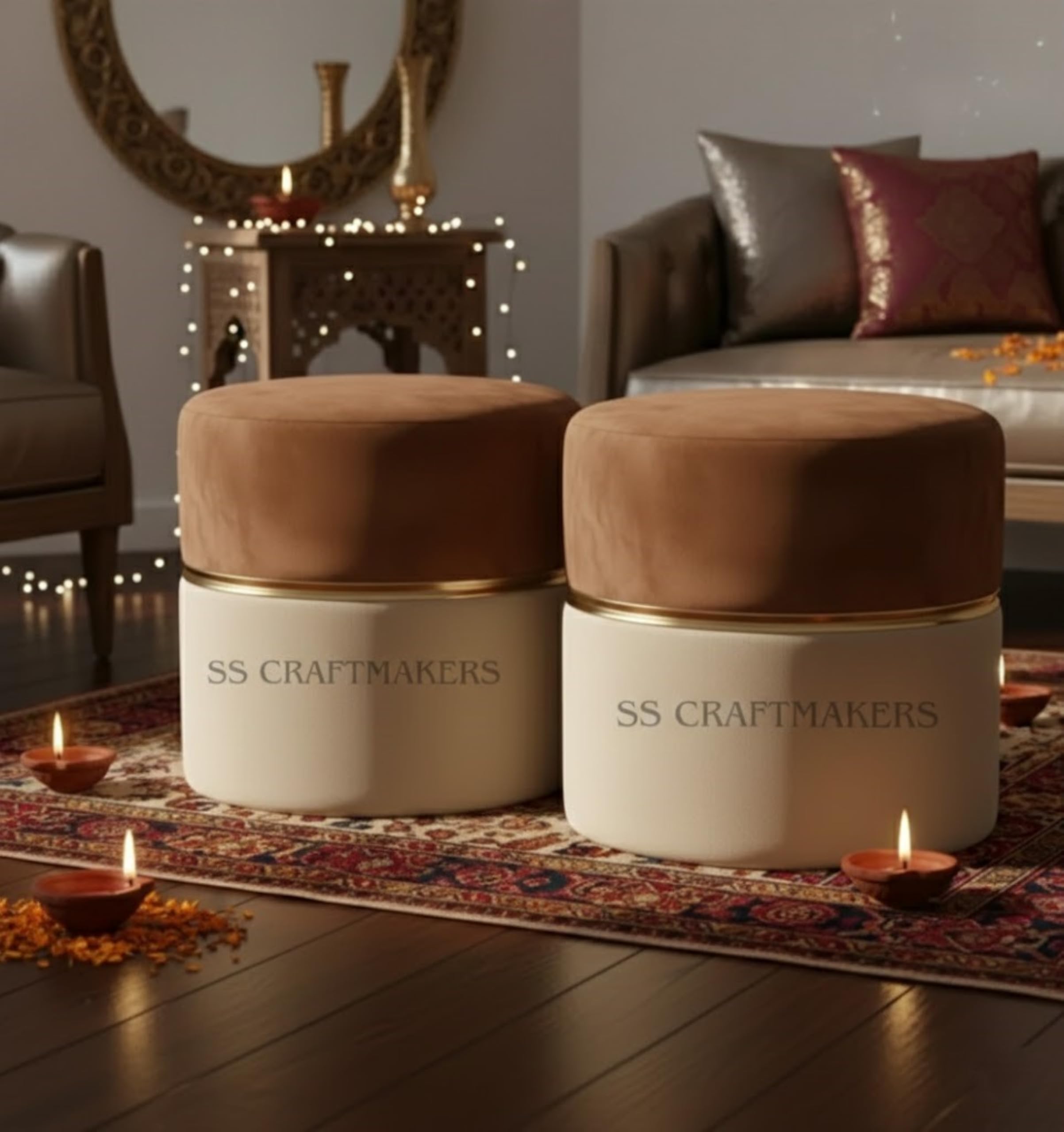 Modern Luxury Round Ottoman Pouffe with Soft Padded Seat, Stylish Accent Stool for Living Room, Bedroom & Home Décor (Set of Two Cream Brown)