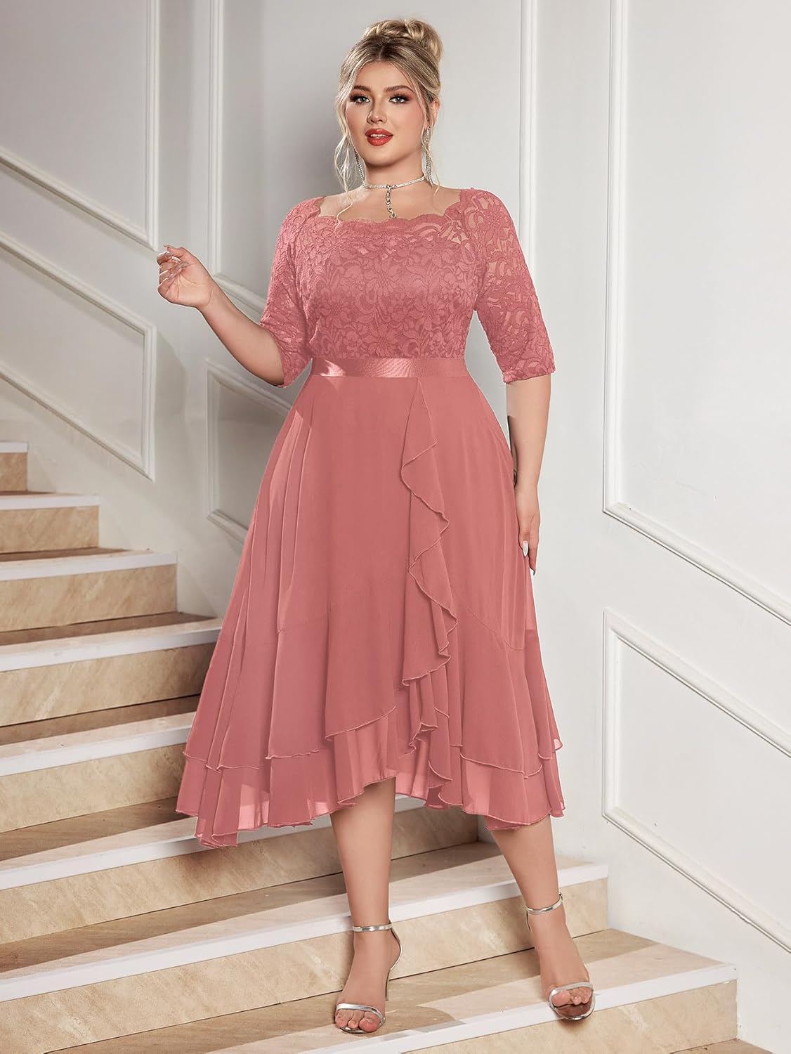 MISSMAY Women's Plus Size Floral Lace Boat Neck Ruffle Hem Chiffon Cocktail Party Sewing Dress - Image 3