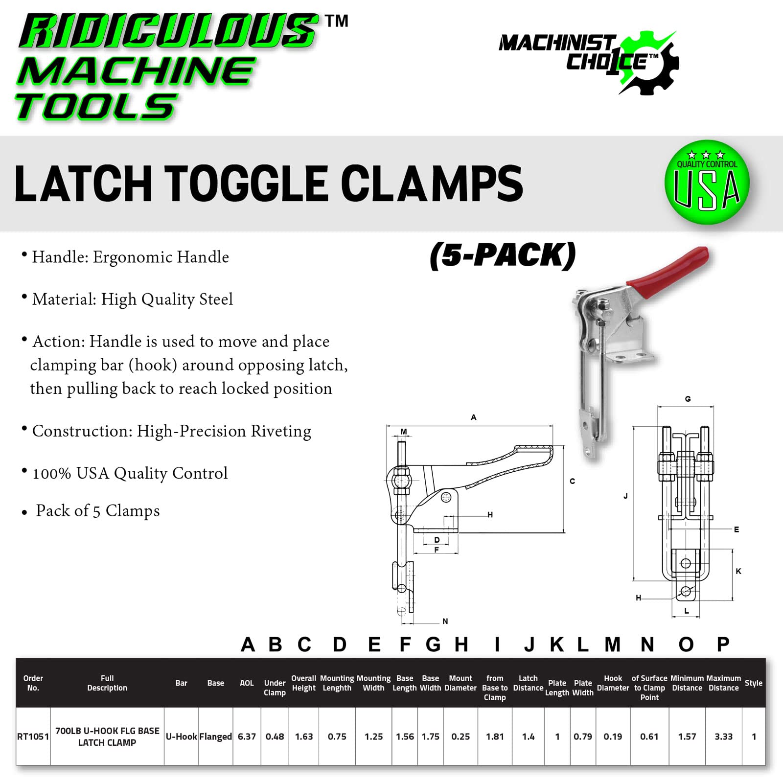 (5 Pack) 700LB U-HOOK FLG BASE LATCH CLAMP