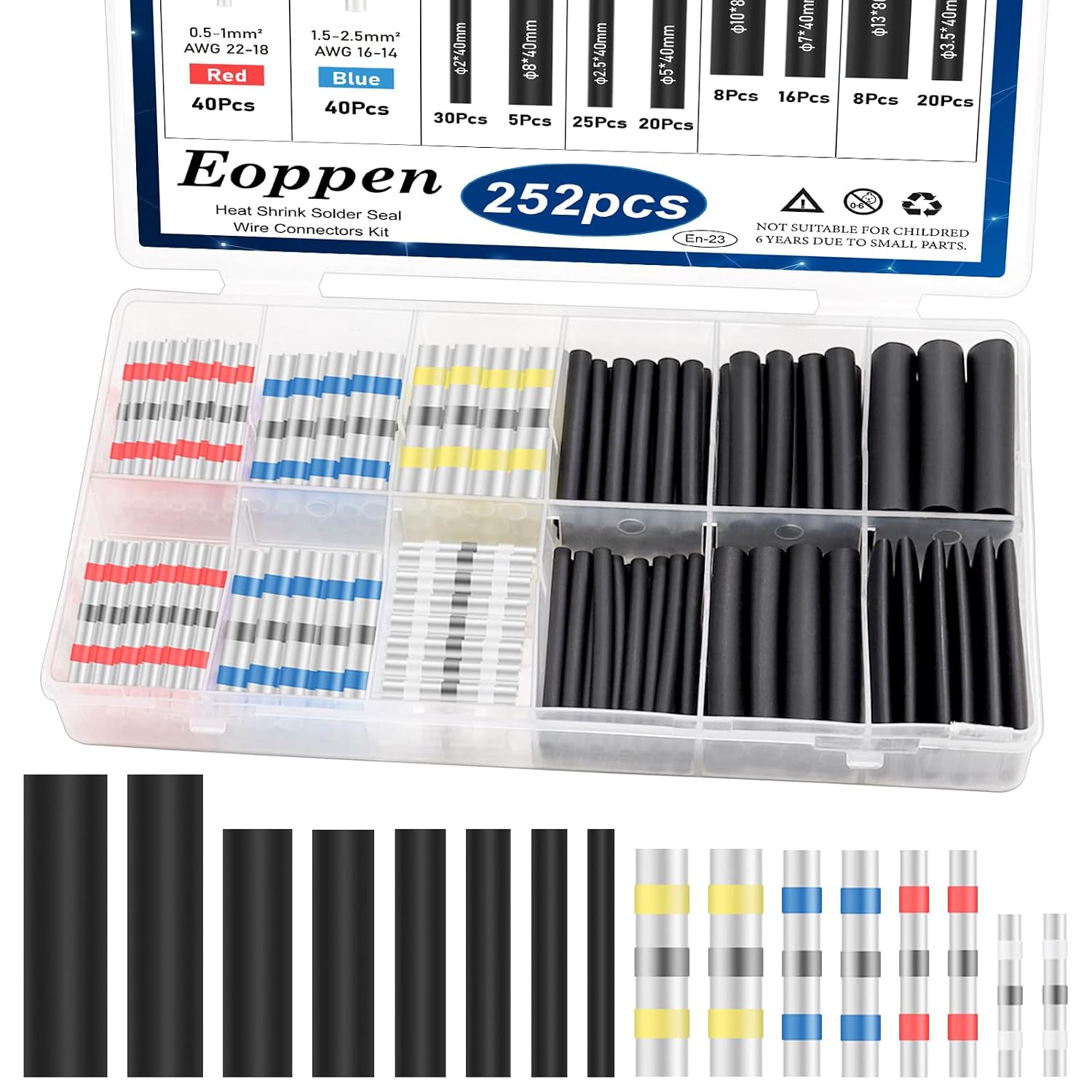 252Pcs Solder Seal Wire Connectors Kit, 120Pcs Heat Shrink Wire Connectors & 132Pcs Heat Shrink Tubing Waterproof and Insulated Electrical Wire Terminals for Marine, Automotive