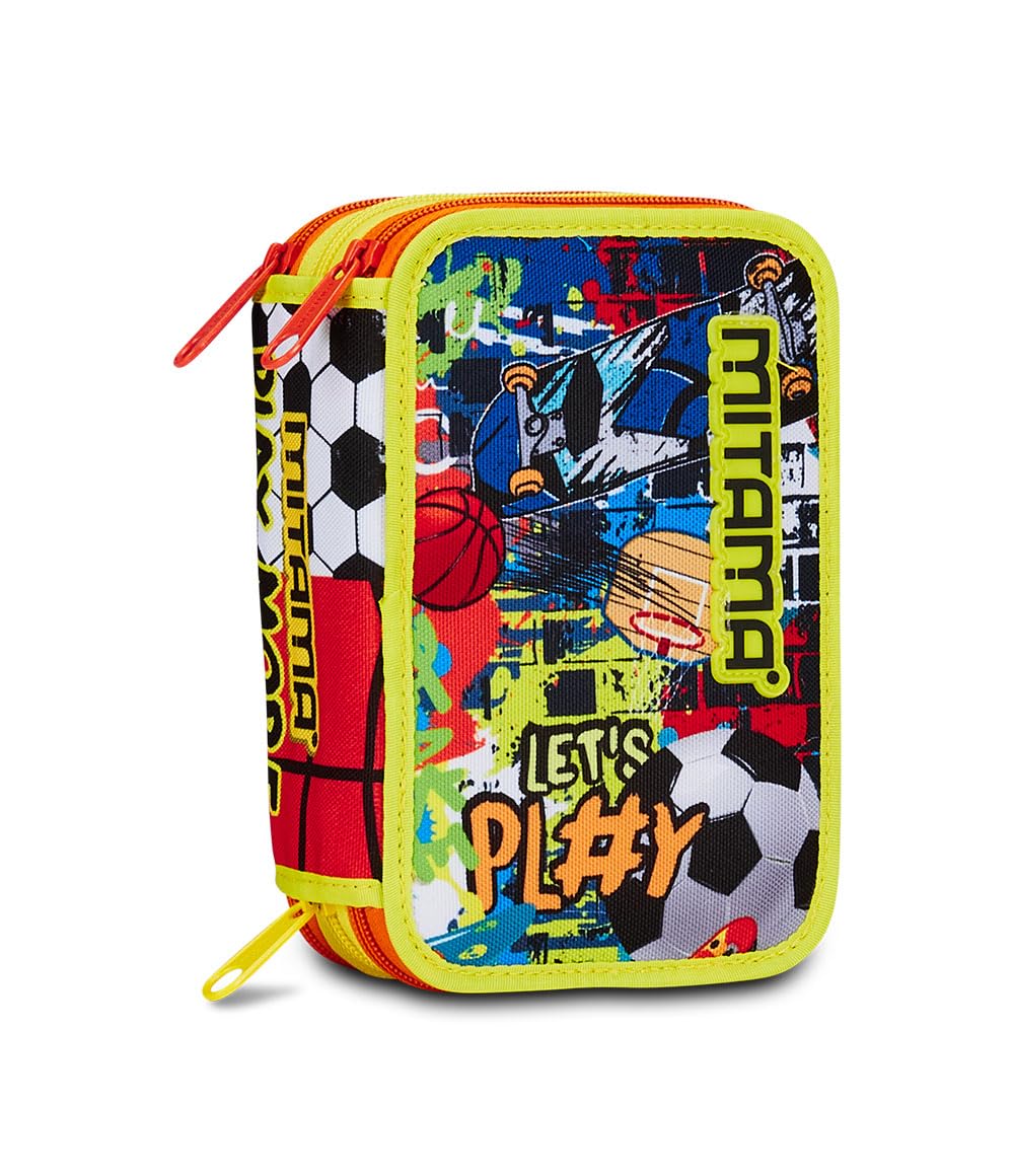 Mitama Astuccio Scuola 3 Scomparti, TRIPLO URBAN GAME, Contenuto 47 pz, Completo di Matite, Pennarelli, Portapenne Scuola Elementare Bambino