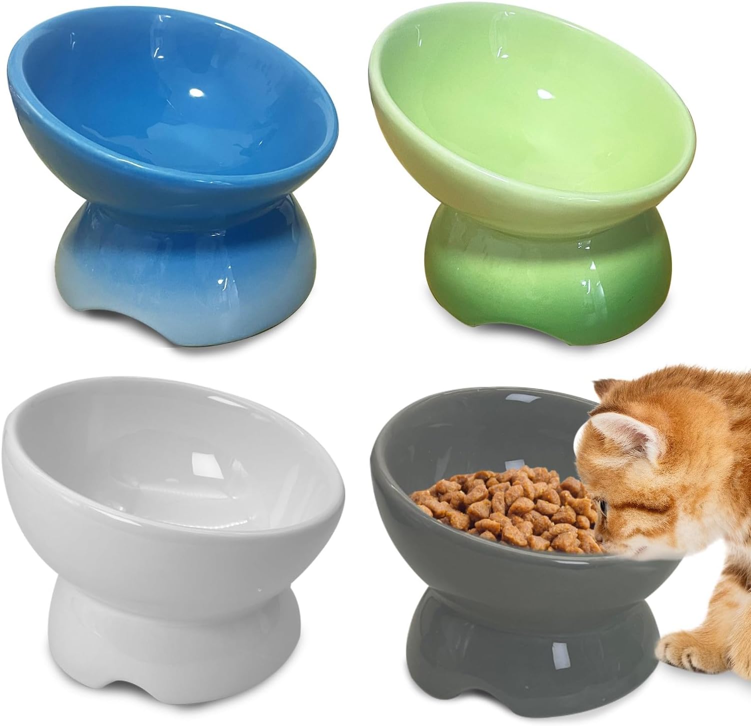 kathson 4 Pcs Ceramic Raised Cat Bowls, Elevated Tilted Cat Food Bowl, Anti Vomiting Pet Food Bowl, Colorful Porcelain Pet Feeder Dish for Cats and Small Dogs,Stress Free