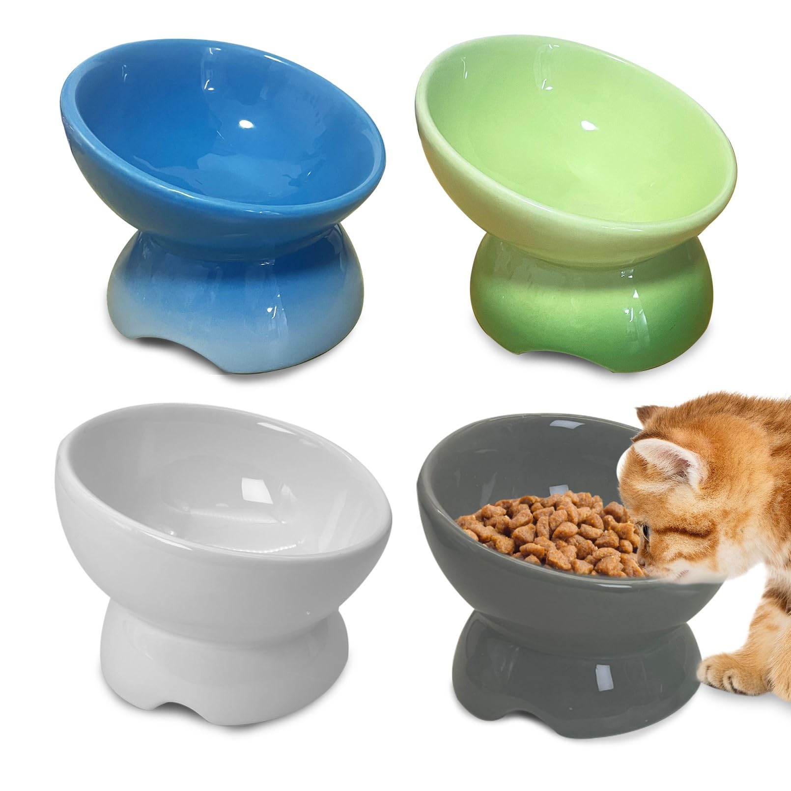 kathson 4 Pcs Ceramic Raised Cat Bowls, Elevated Tilted Cat Food Bowl, Anti Vomiting Pet Food Bowl, Colorful Porcelain Pet Feeder Dish for Cats and Small Dogs,Stress Free