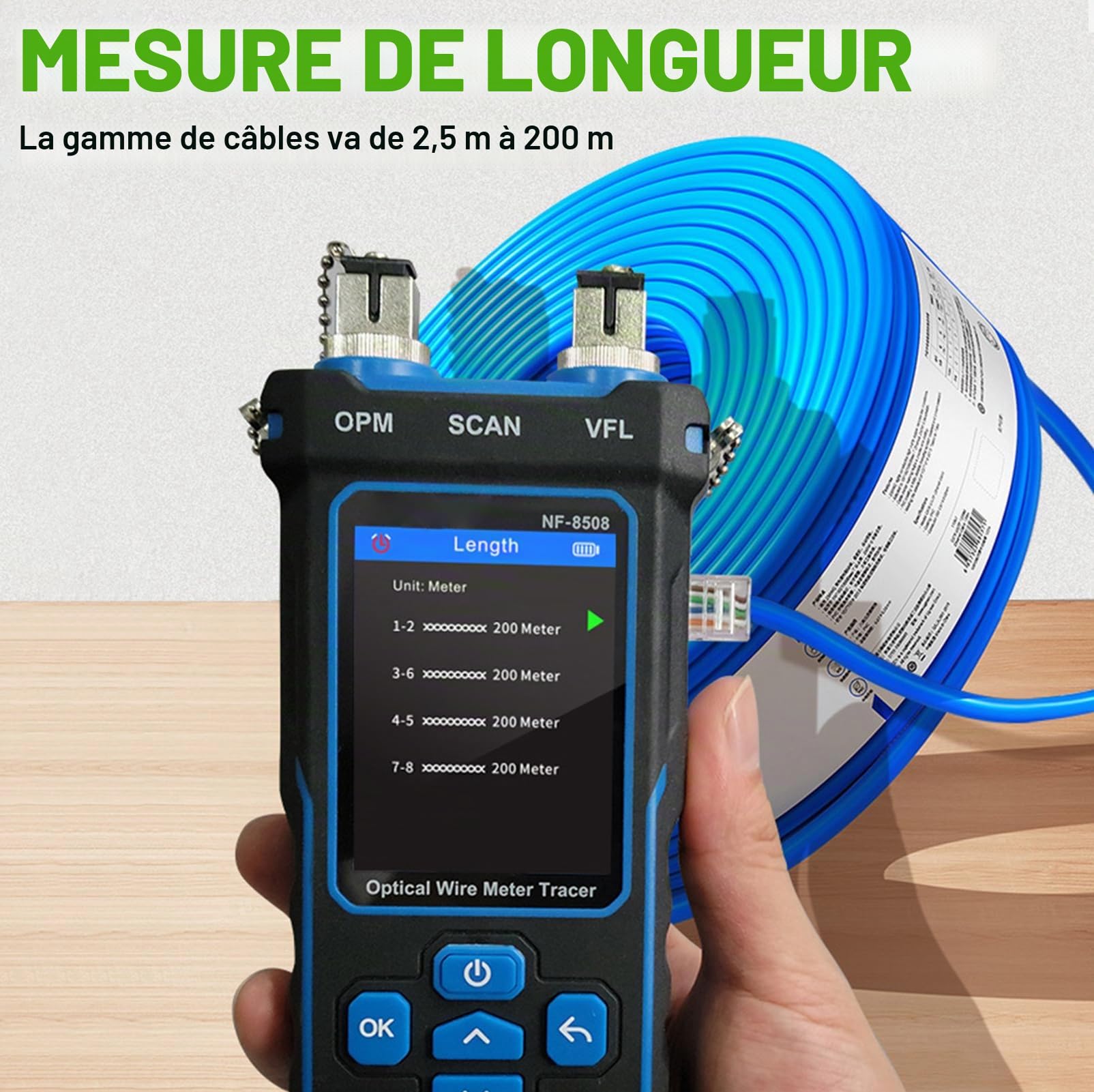 Testeur Lan Testeur de câble réseau avec mesureur de puissance optique CAT5 CAT6 Testeur RJ11 RJ45 Ethernet tester suivi de câble avec NCV, Port Flash, support de chargement type-C.