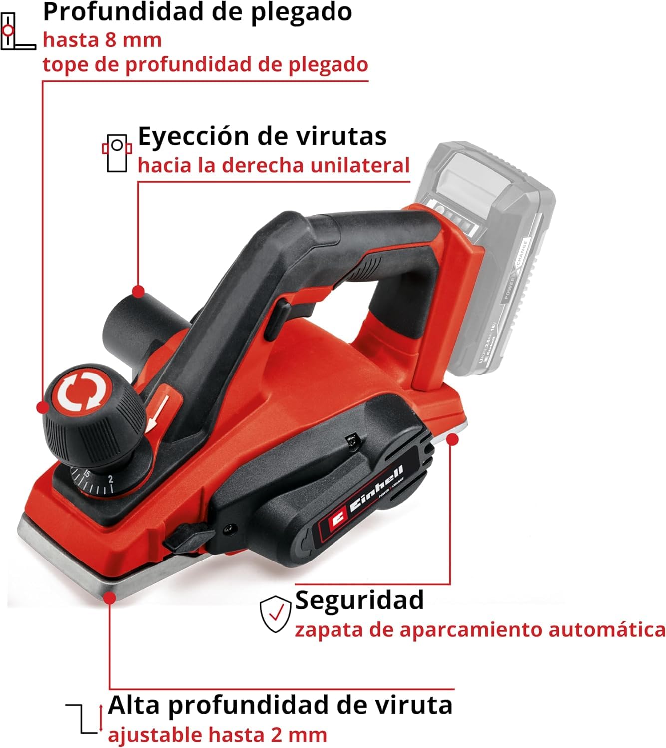 Einhell Cepillo con batería TE-PL 18/82 Li-Solo Power X-Change (18 V, iones de litio, profundidad de pasada hasta 2 mm, gran eje de cuchilla, zapata de sujeción automática, sin batería ni cargador)