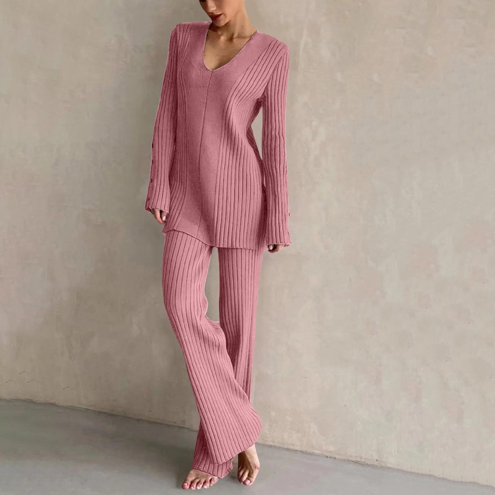 Hausanzug Damen Elegant V-Ausschnitt - Jogginganzug Festlich Hochzeit | Freizeitanzug Slim Fit Strickanzug Gerippte Schlafanzug Baggy Bequeme Sportanzug Mit Langarm Pullover + Jogginghose