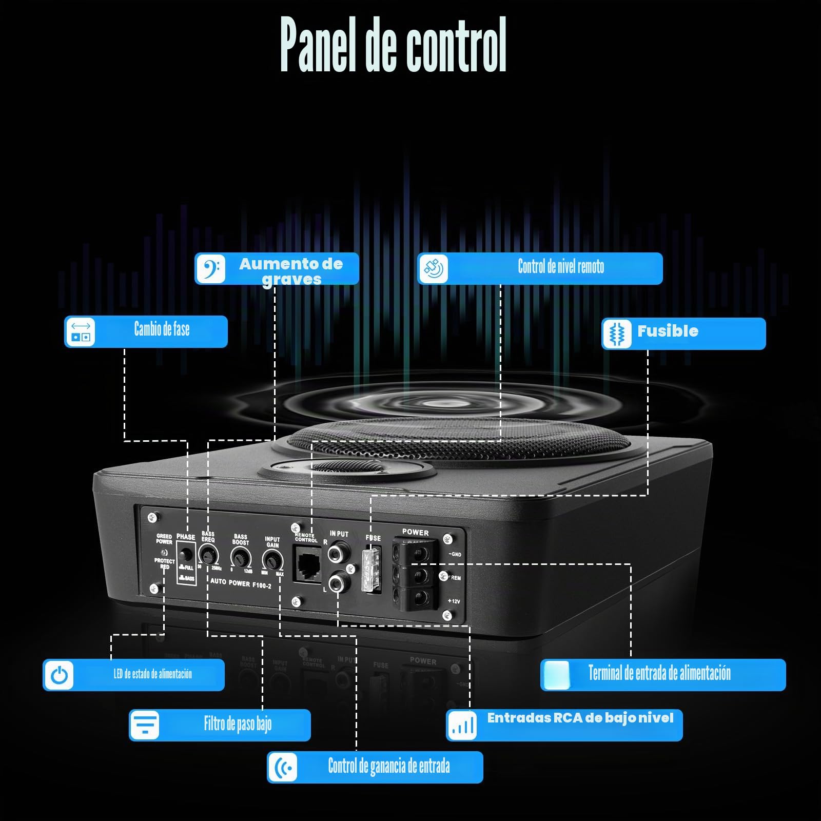Subwoofer Activo de 8 Pulgadas 600W para Coche - Altavoz Bajo Asiento con Carcasa de Aluminio 12V - 70mm de Grosor para Camión, Caravana