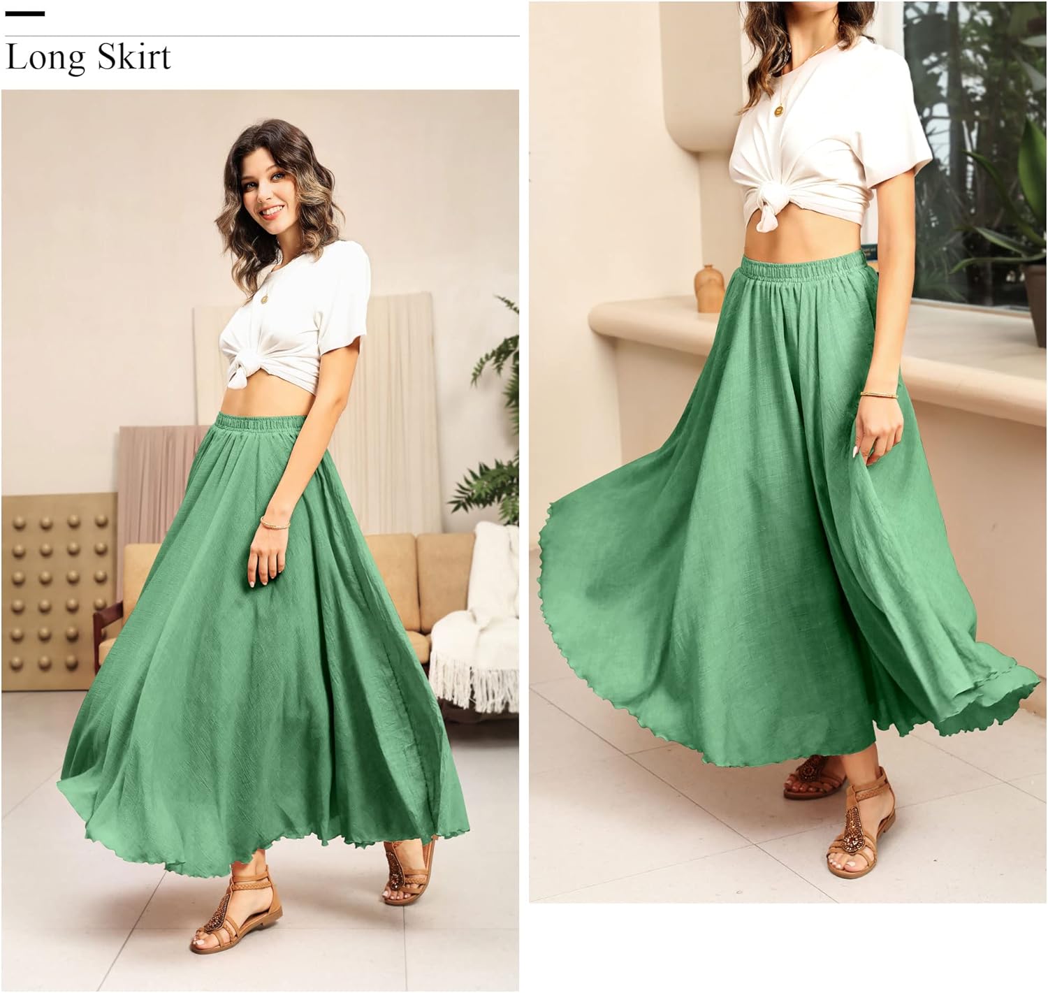 Ezcosplay Women Bohemian Beach A-Line Dress Double Layer Elastic Waist Long Maxi Skirt