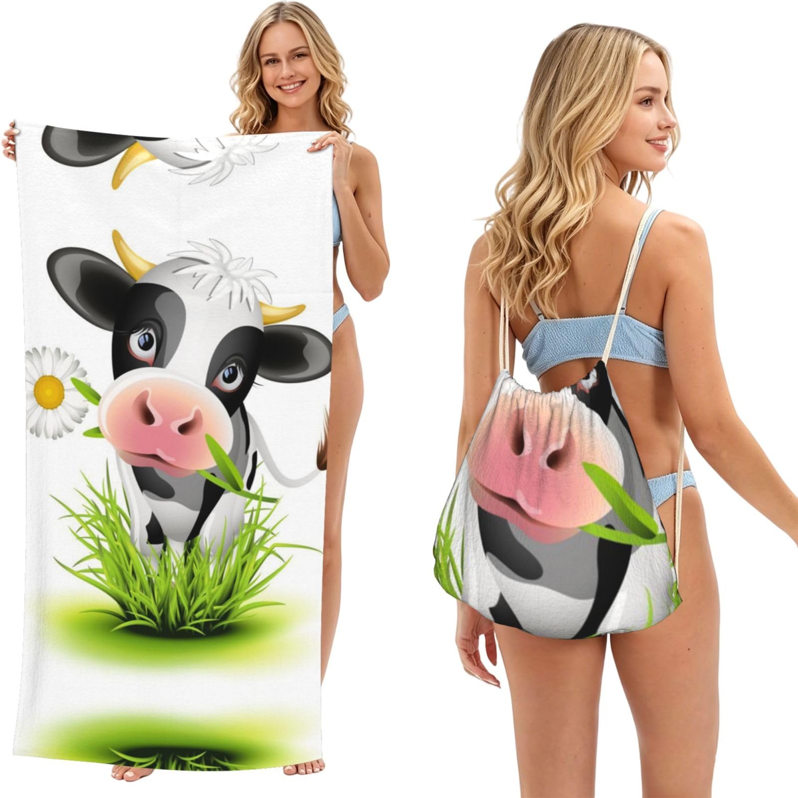ESNAIUVCD Cute Cow Print Beach Towel For Adults,Towel With Drawstring Bag, Travel Pool Swimming Sports Shower Sand Free Quick Dry Bath Towel For Pool, Beach, Yoga- 180x60cm