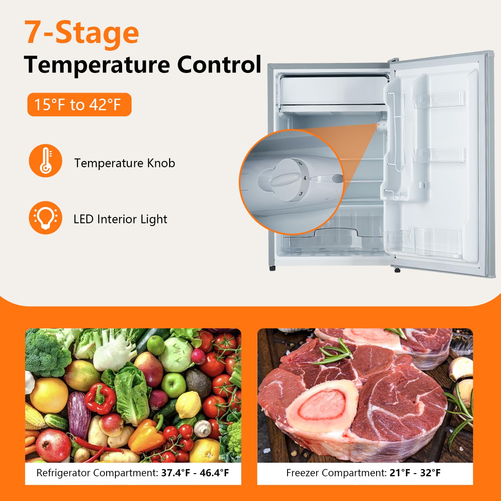 GarveeHome Mini Refrigerator with Freezer, 4.3 Cu.Ft. Compact Refrigerator, 7 Settings Temperature Adjustable, Removable Glass Shelves Dorm Fridge for Garage,Bedroom, Office, Apartment, Grey