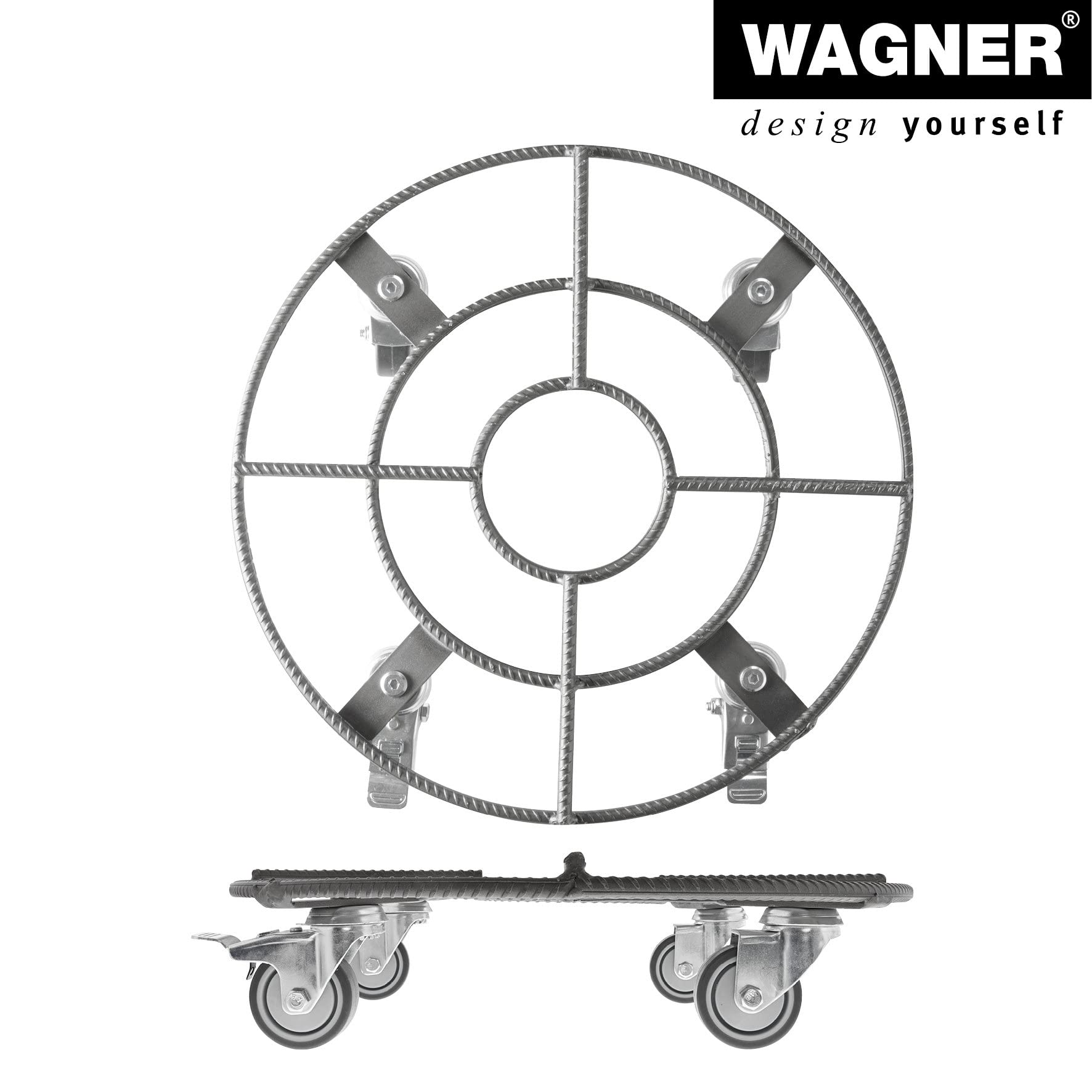 WAGNER Pflanzenroller BAUSTAHL Retro Ø 38 x 9 cm I Pflanzenroller, Soft-Rollen mit Bremsen I für Innen - & Außenbereich I Blumenroller aus Baustahl I Tragkraft 200 kg - 20094701