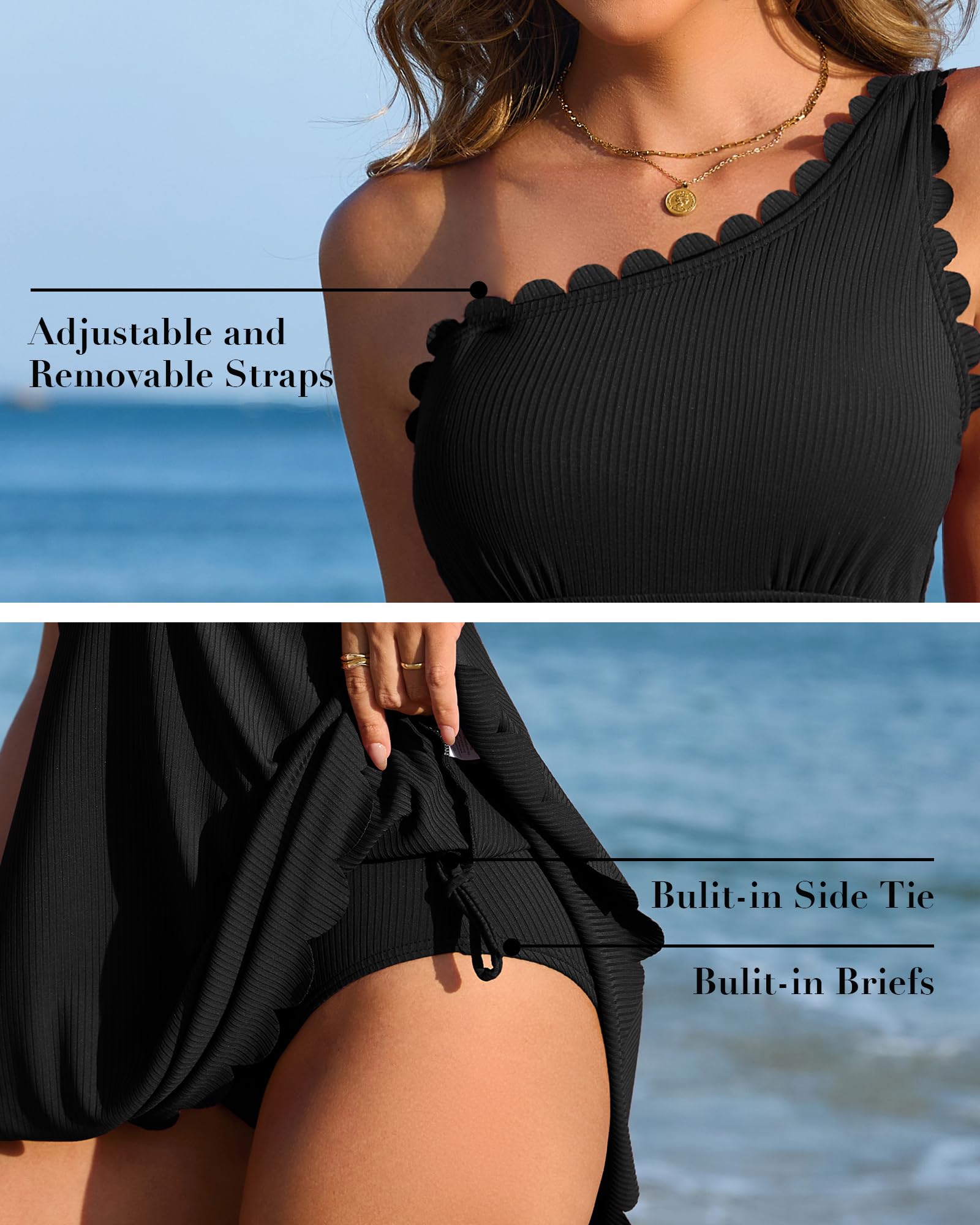 Charmo Ribbed One Shoulder Swim Dress Scalloped Tummy Control Swimsuits for Women Swimwear Built-in Side Tie and Briefs
