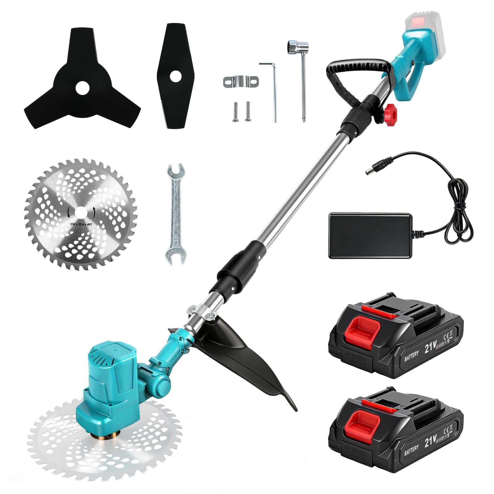 Cortacésped Inalámbrico, Desbrozadora Triple Sin Escobillas con Batería 2 x 2000 mAH, Cortacésped de Jardín con 3 Tipos de Cuchillas, Ruedas Extraíbles, Ajuste Telescópico para Jardín de Césped