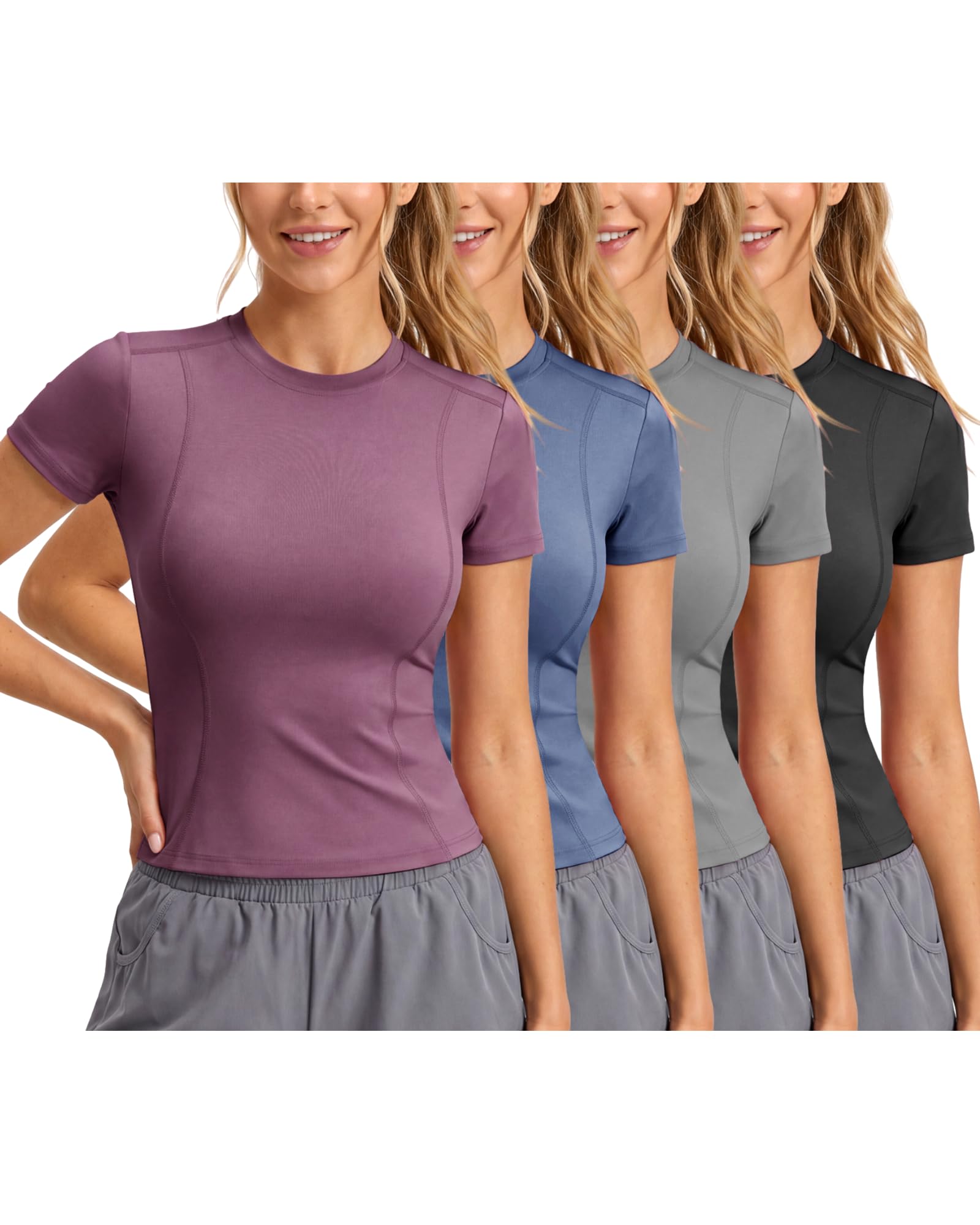 4 Pack Women's Compression Shirts Short Sleeve Workout Tops Athletic Quick Dry Gym Yoga Running T-Shirt Moisture Wicking-image-8