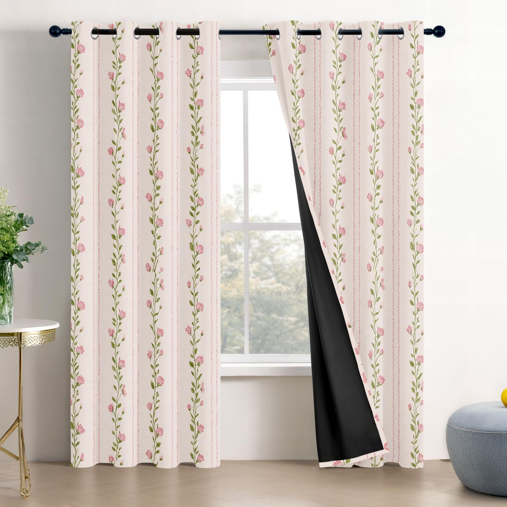 Mistela Blickdichte Vorhänge Mit Ösen Rosa Blume - Verdunklungsvorhänge Blume Mädchen Kokett Vorhänge Schlafzimmer Fenstervorhang - 2er Set - H200 x B140cm, Rosa Grün