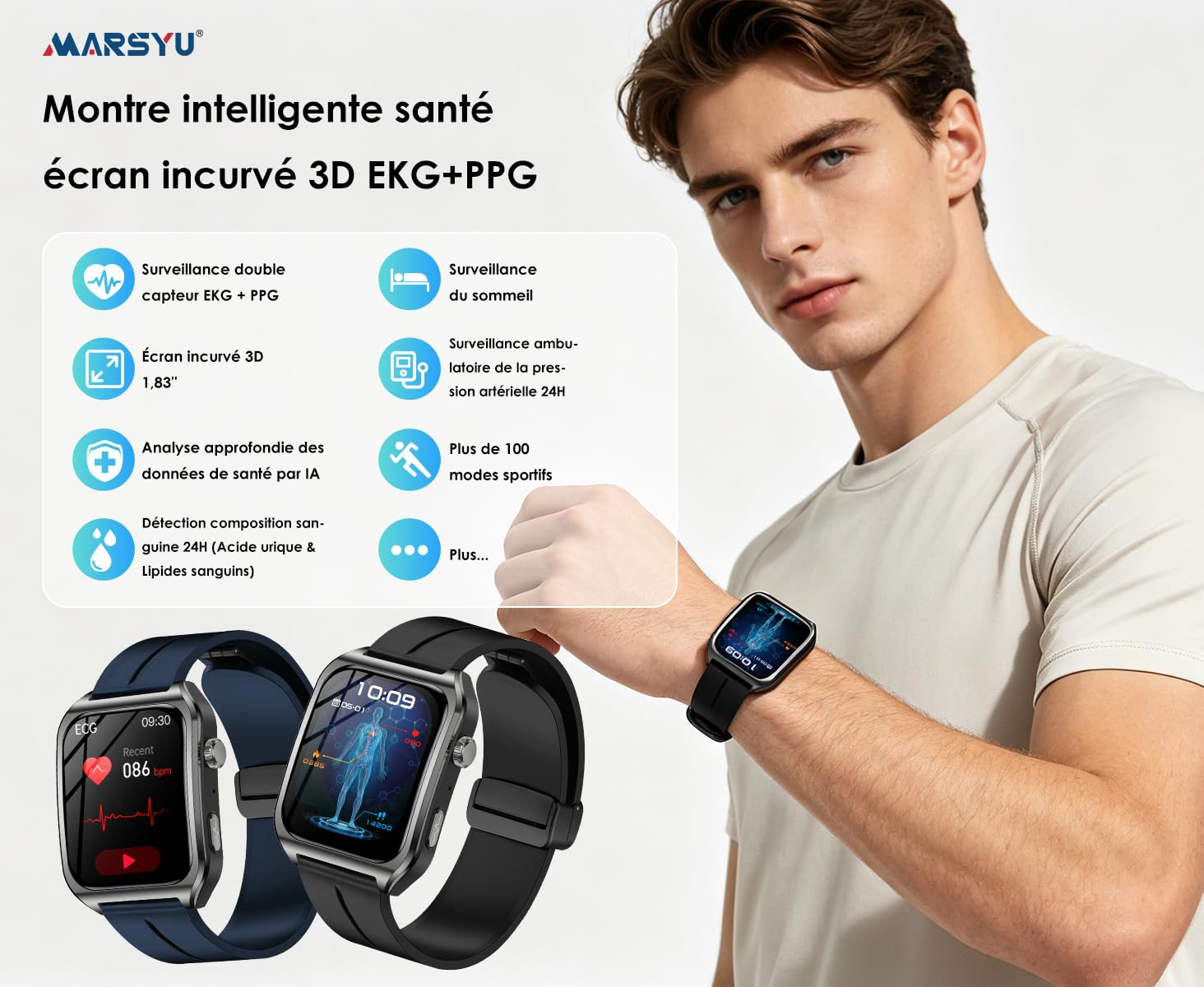 Marsyu Montre Connectée Homme ECG/IMC/HRV/Tension Artérielle IP68 Étanche