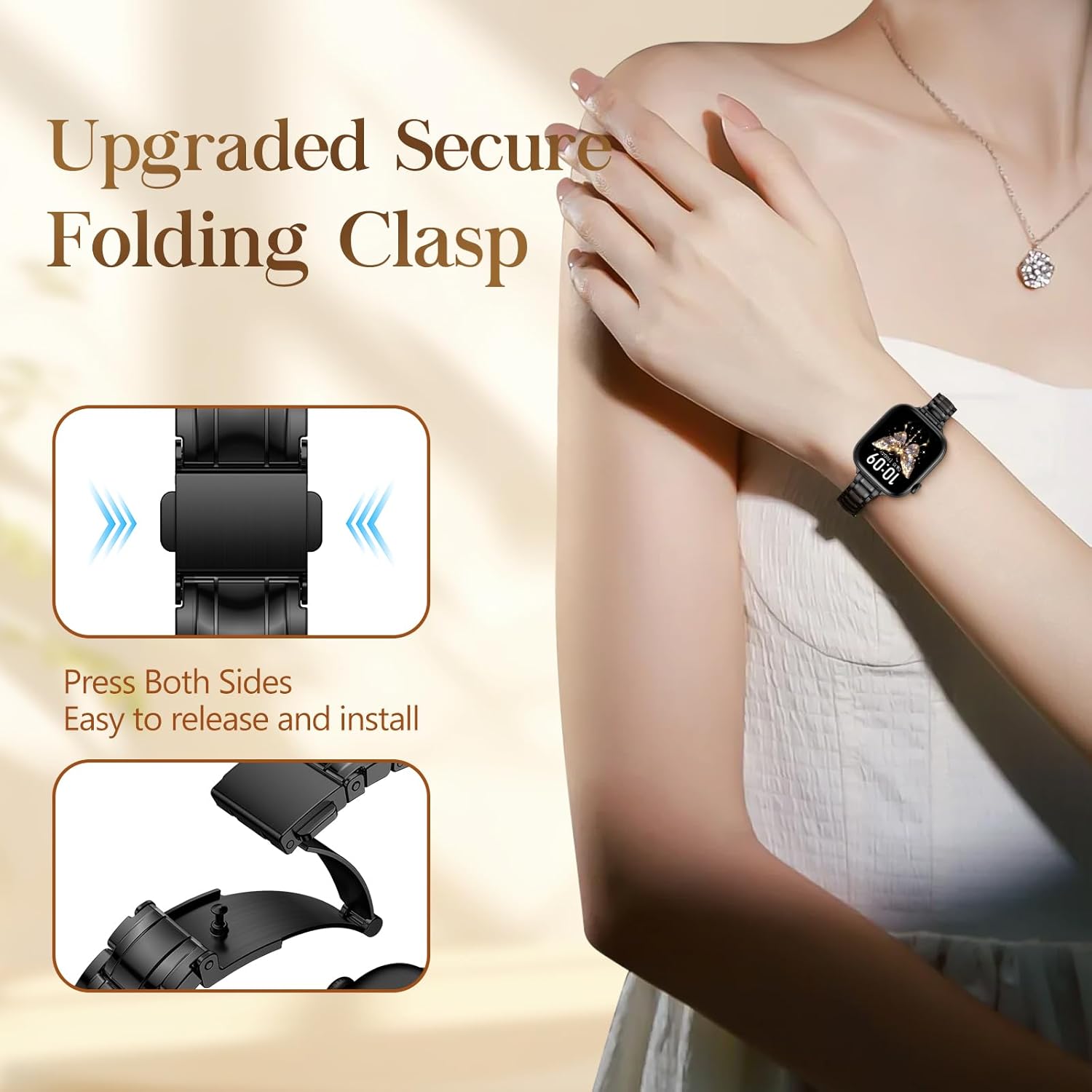 SOLOLUP Slim Metal Band Compatible With Apple Watch Bands for Women 44mm 45mm 46mm 49mm 42mm,Thin Dressy Stainless Steel Chains Strap for iWatch Band Series 11 10 9 8 7 6 5 4 3 SE Ultra 3/2,Black - Image 7