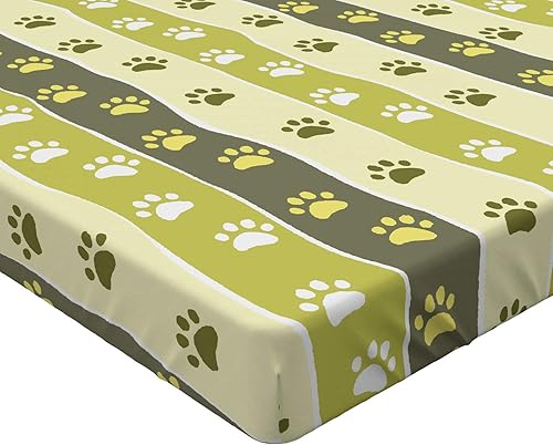Miniatura 2 de Lunarable Sábana bajera ajustable de animales, huellas de patas de perro y gato en patrón de rayas onduladas en tonos verdes, ilustración de vida